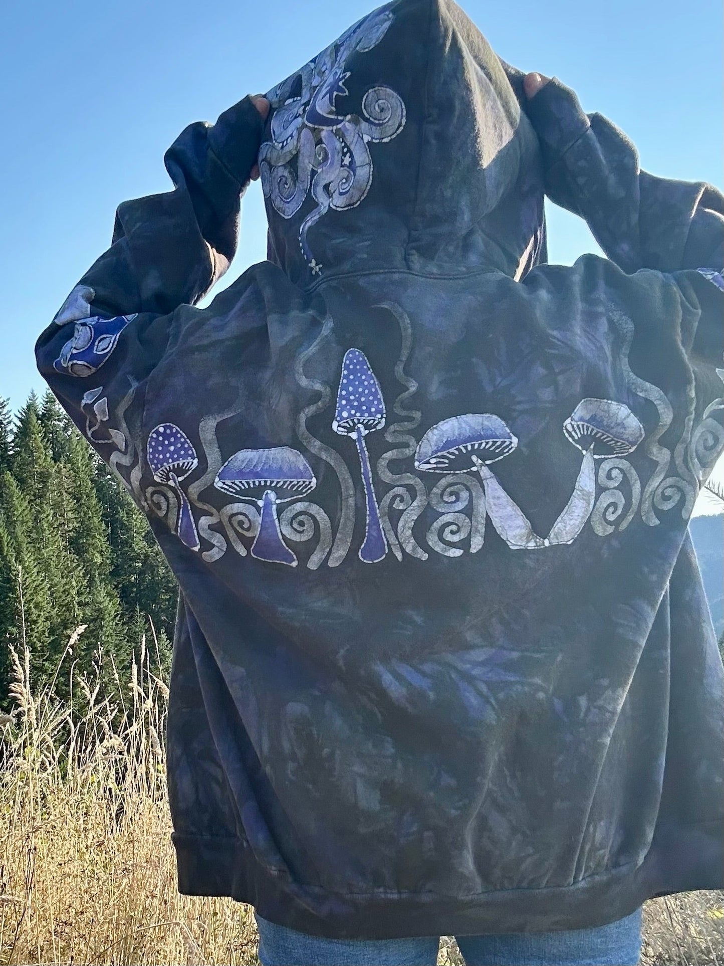 Purple Woodland Mushroom Hunter Handmade Batik Hoodie - 2X Unisex hoodie batikwalla