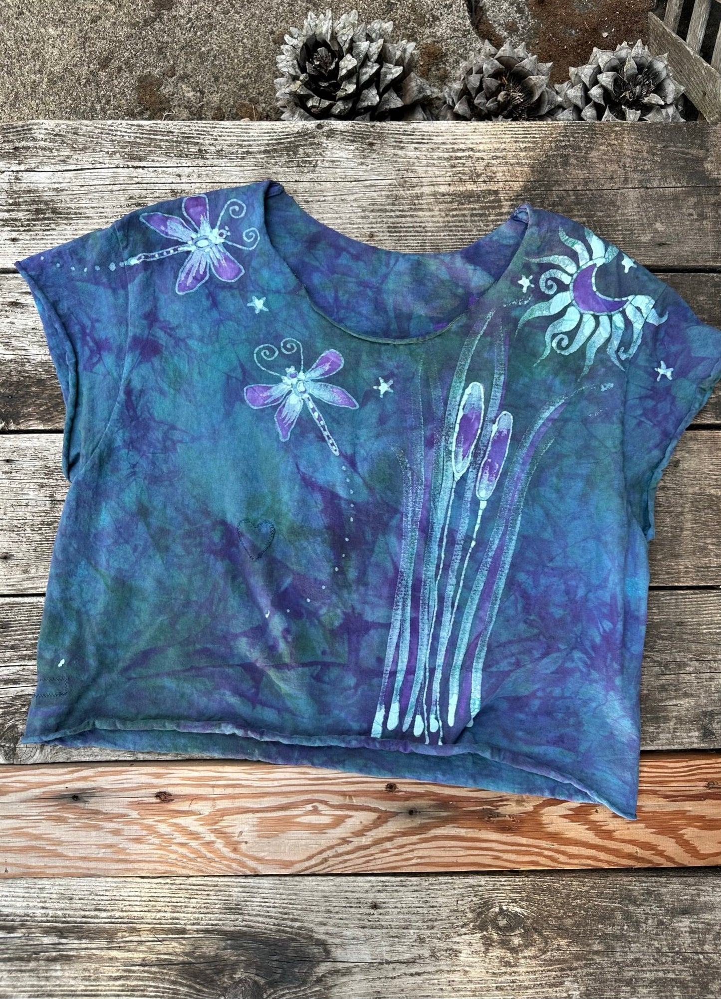 Dragonfly in Teal and Purple Cotton Cropped Crew Tee - Size Small Shirts & Tops Batikwalla by Victoria Small
