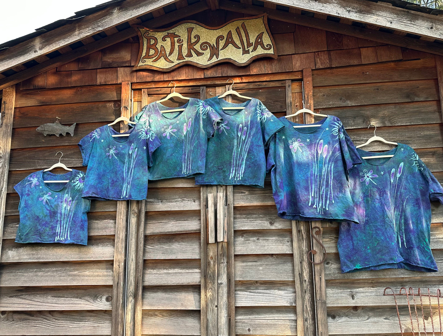 Dragonfly in Teal and Purple Cotton Cropped Crew Tee - Size Small Shirts & Tops Batikwalla by Victoria