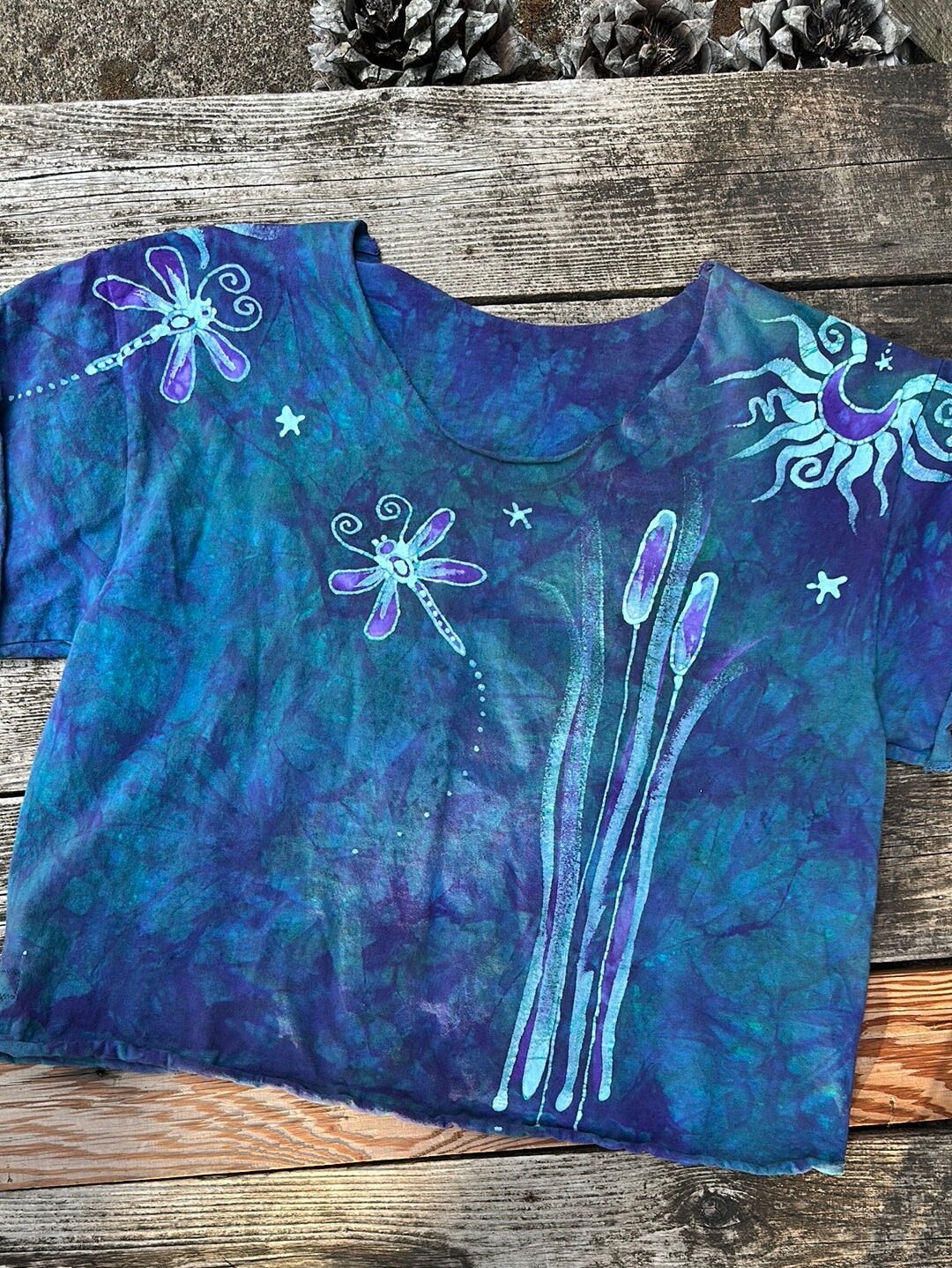 Dragonfly in Teal and Purple Cotton Cropped Crew Tee - Size Medium Shirts & Tops Batikwalla by Victoria Medium