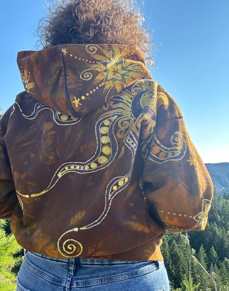 Gold Rush Octopus with Purple Moon and Stars Handmade Batik Hoodie hoodie batikwalla