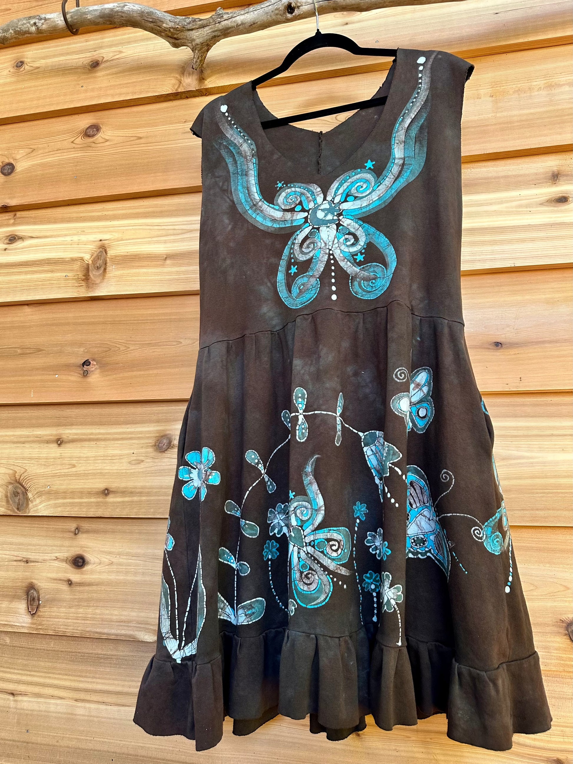 Butterfly & Dragonfly Batik Dress – Earthy Tones, Size Large Batik Dresses Batikwalla