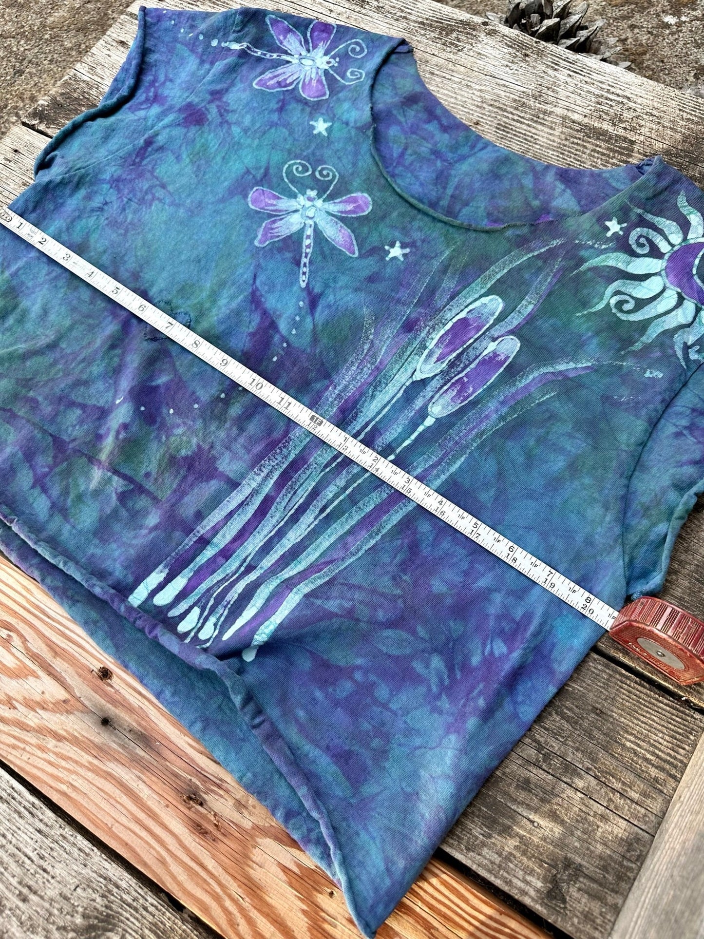 Dragonfly in Teal and Purple Cotton Cropped Crew Tee - Size Small Shirts & Tops Batikwalla by Victoria