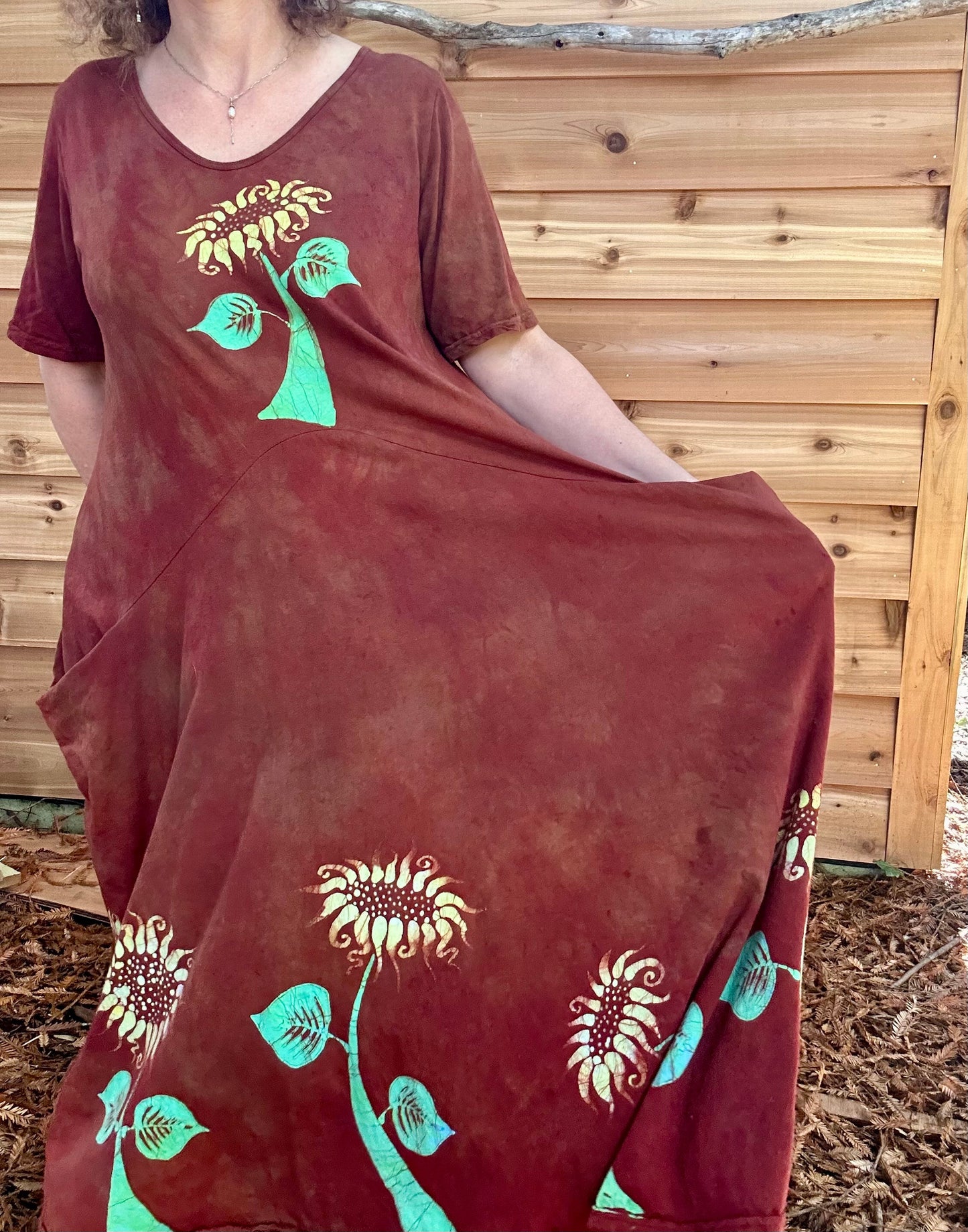 Red Sunflower Batik Dress With Pockets - Size Large Batik Dresses Batikwalla