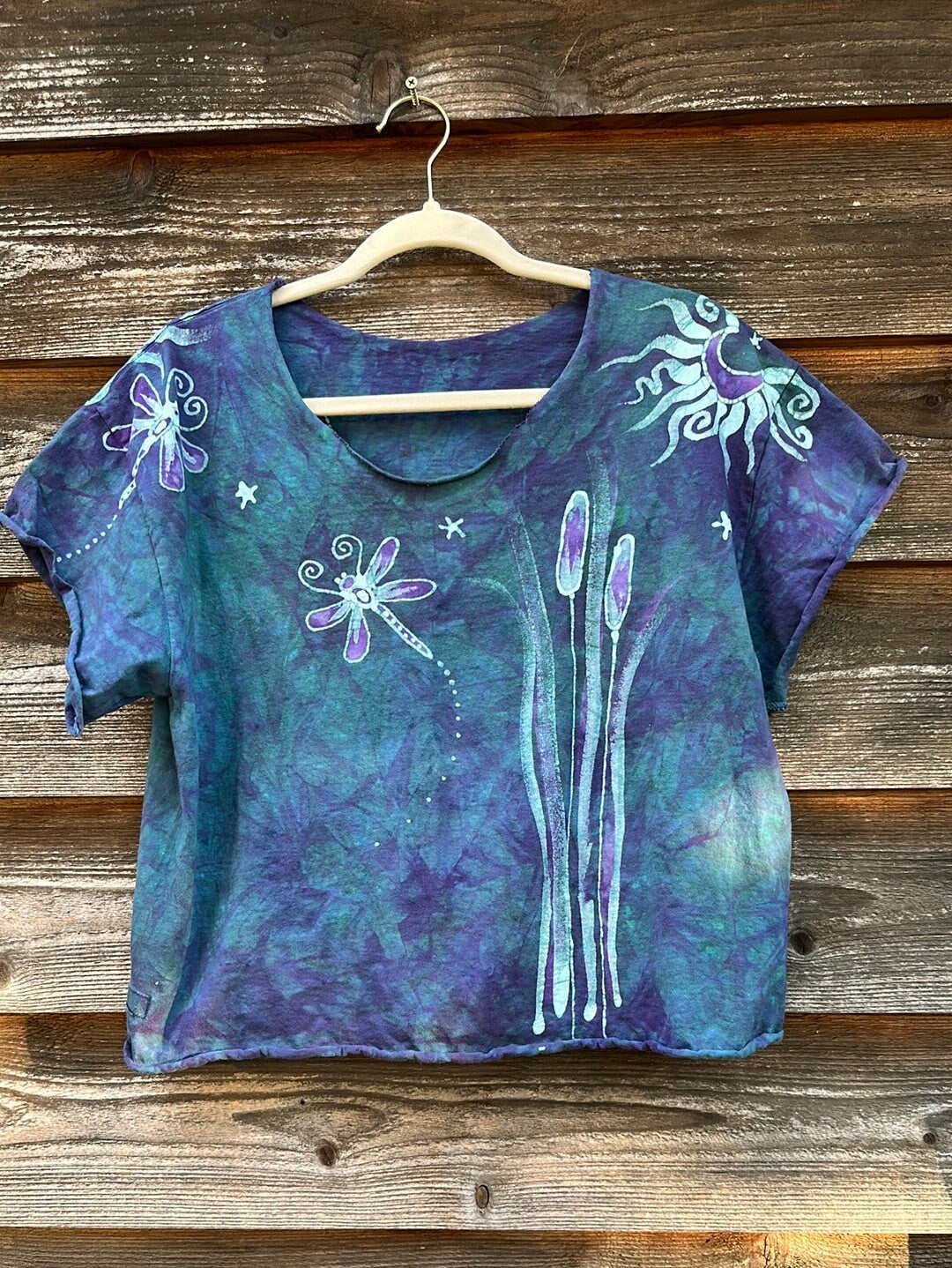 Dragonfly in Teal and Purple Cotton Cropped Crew Tee - Size Medium Shirts & Tops Batikwalla by Victoria