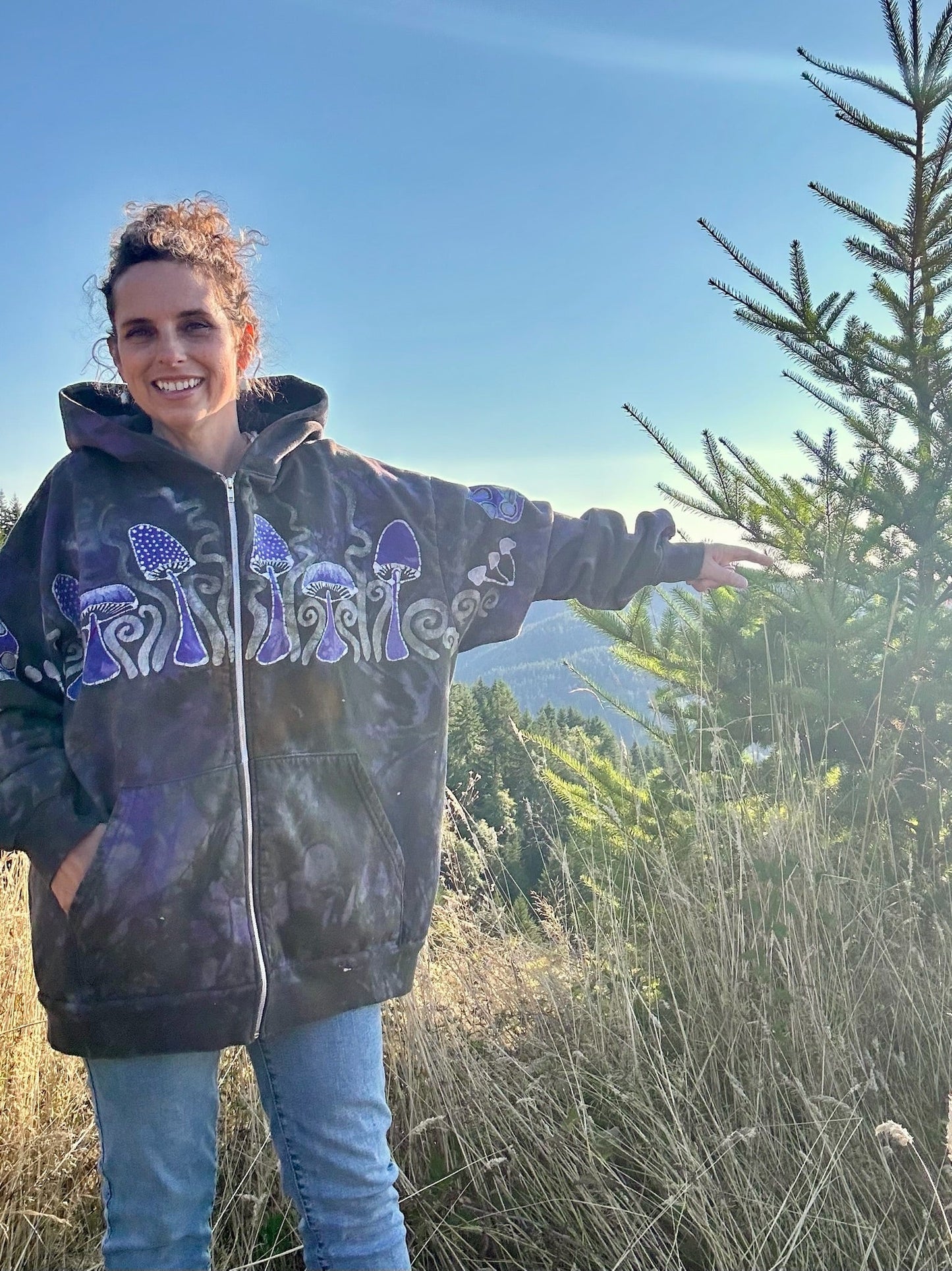 Purple Woodland Mushroom Hunter Handmade Batik Hoodie - 2X Unisex hoodie batikwalla