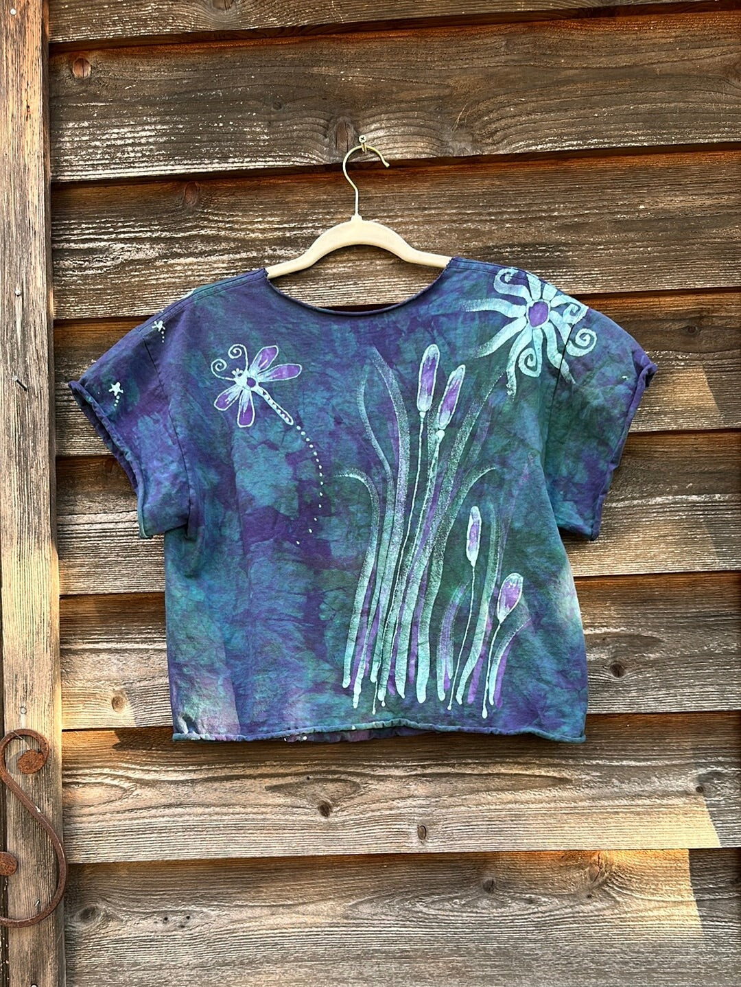 Dragonfly in Teal and Purple Cotton Cropped Crew Tee - Size Medium Shirts & Tops Batikwalla by Victoria