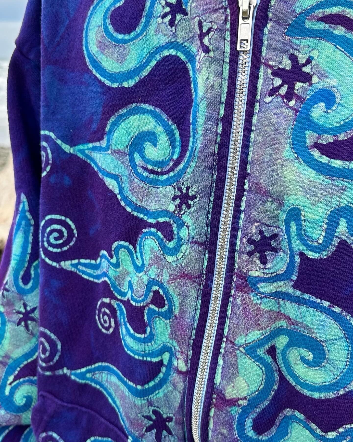 Blue Swirls-n- Waves Handcrafted Batik Zipper Hoodie - Unisex Size 2X hoodie batikwalla