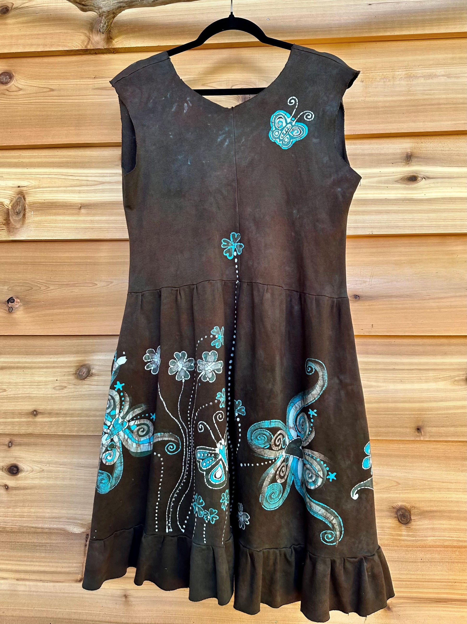 Butterfly & Dragonfly Batik Dress – Earthy Tones, Size Large Batik Dresses Batikwalla