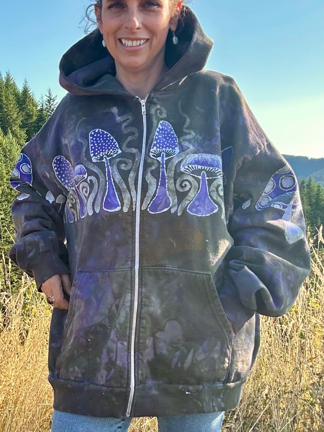 Purple Woodland Mushroom Hunter Handmade Batik Hoodie - 2X Unisex hoodie batikwalla