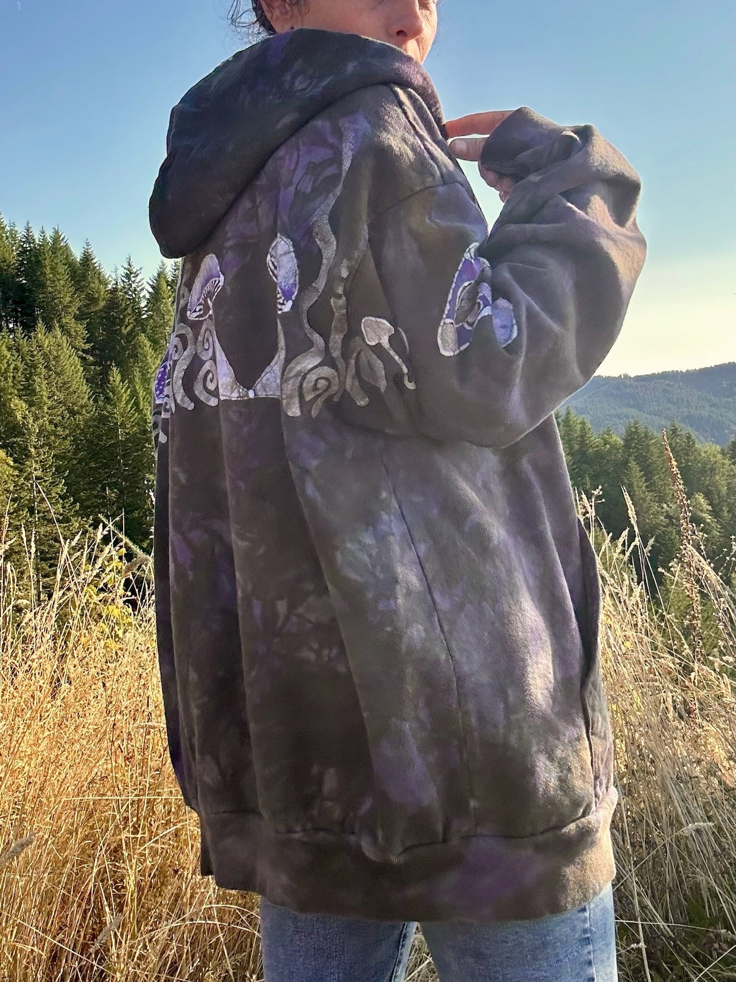 Purple Woodland Mushroom Hunter Handmade Batik Hoodie - 2X Unisex hoodie batikwalla