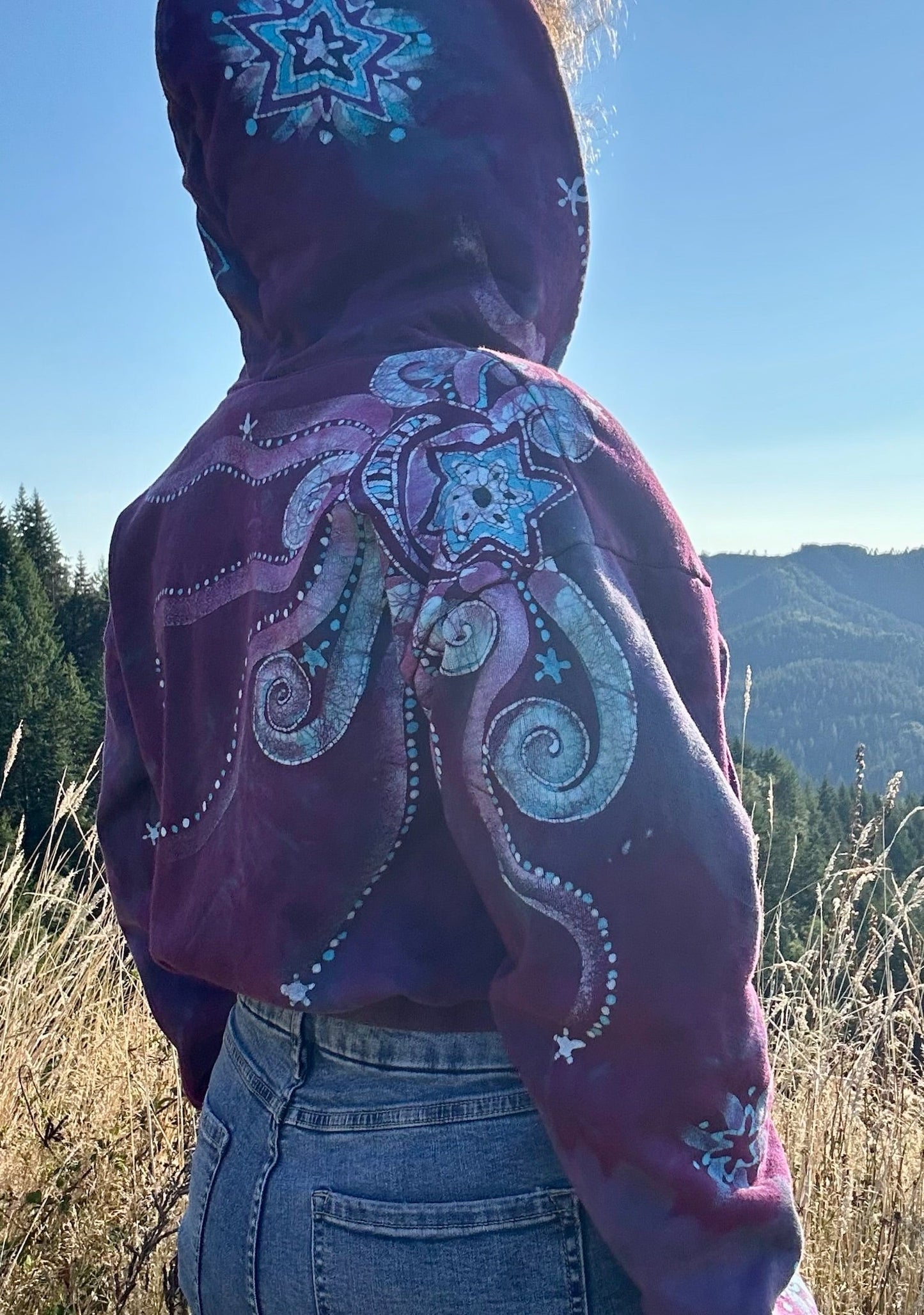 Pacific Bliss Lotus Flower Handmade Batik Hoodie - Turquoise Waves - S/M ONLY hoodie batikwalla