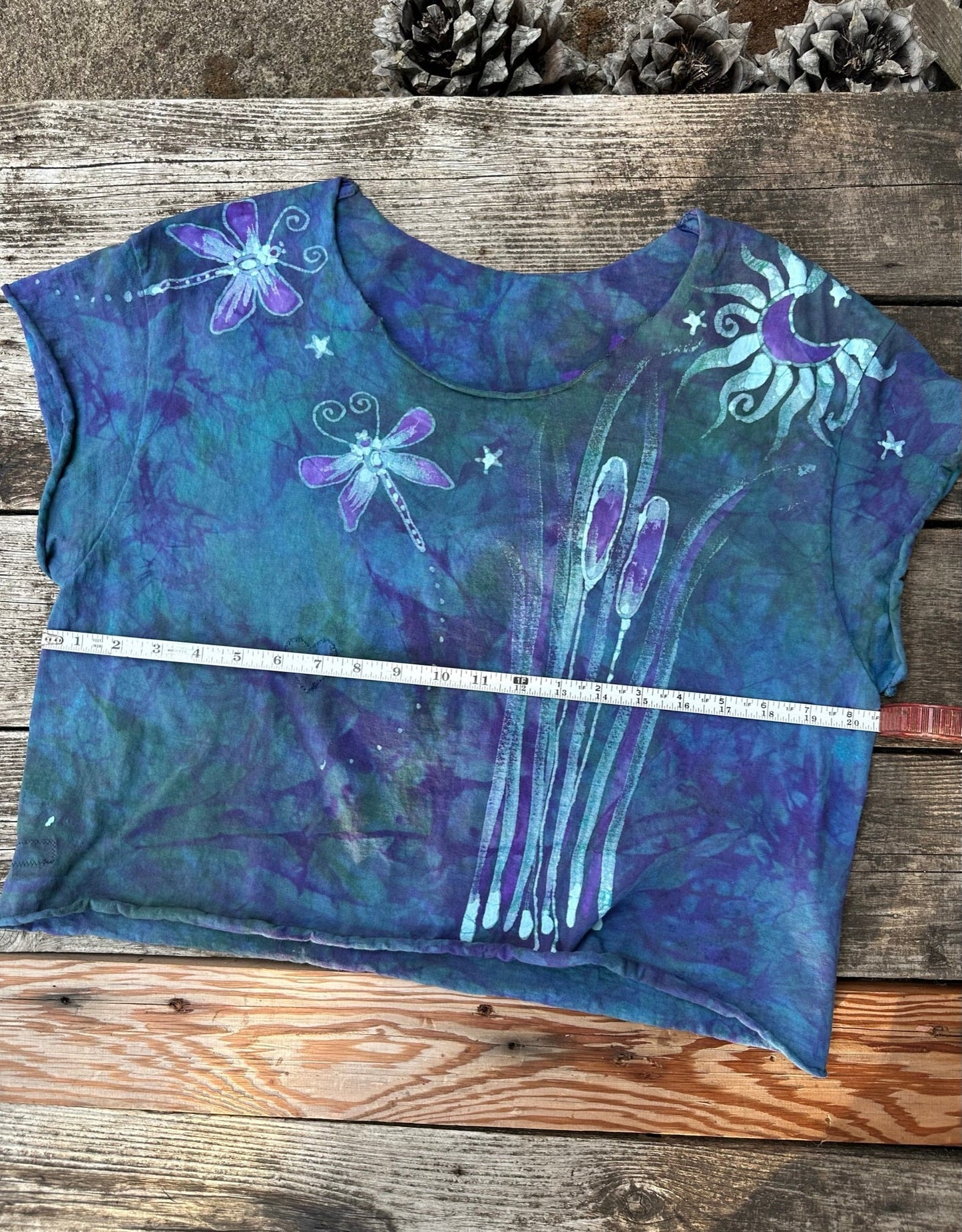 Dragonfly in Teal and Purple Cotton Cropped Crew Tee - Size Small Shirts & Tops Batikwalla by Victoria