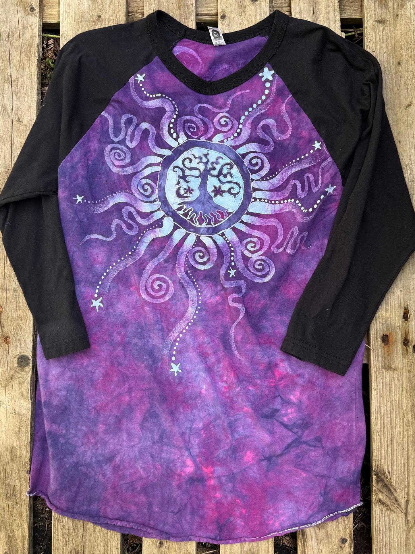 Purple Mandala Tree of Life Black Raglan Quarter Sleeve Batik Top - Size Medium (Unisex) Batikwalla