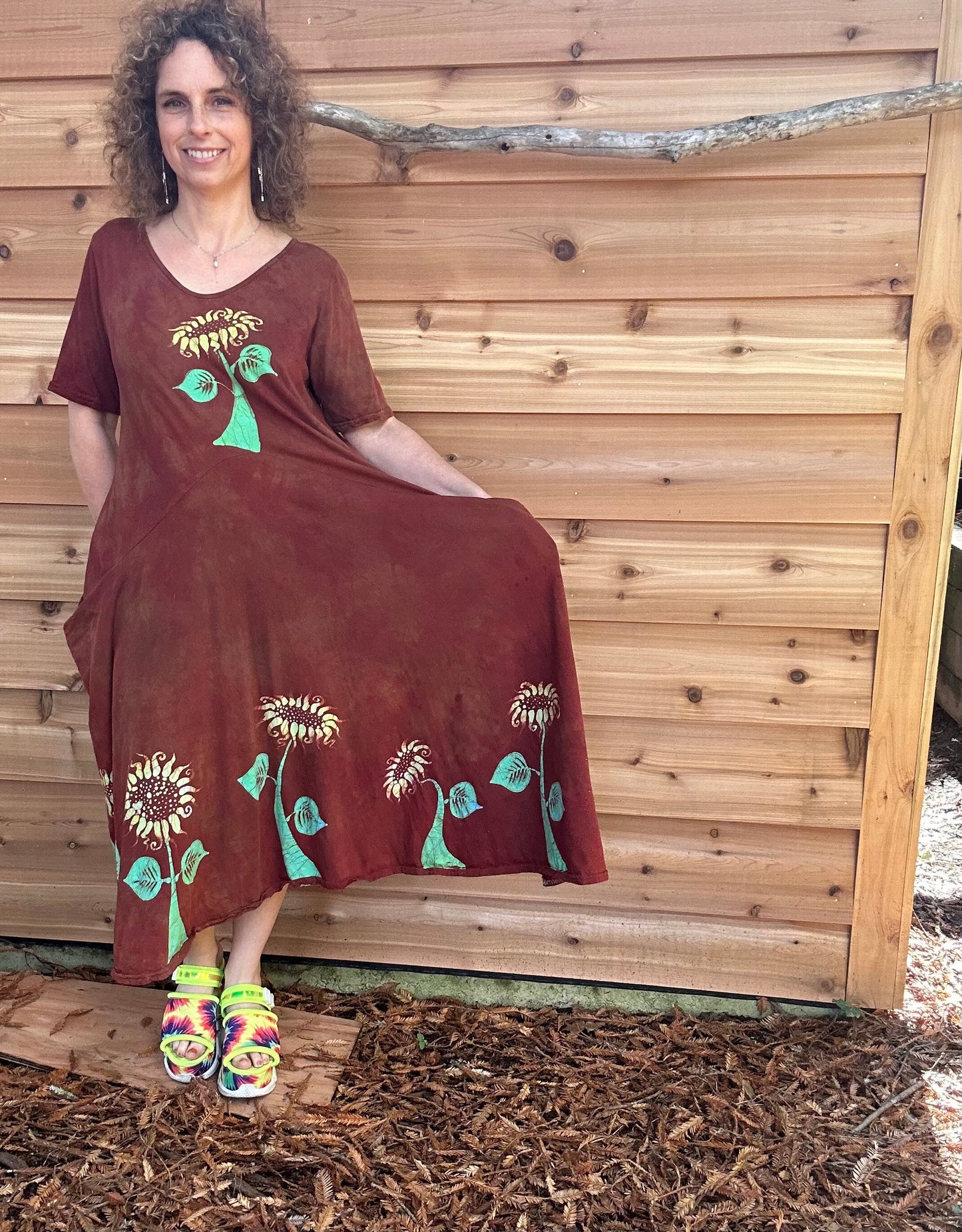 Red Sunflower Batik Dress With Pockets - Size Large Batik Dresses Batikwalla