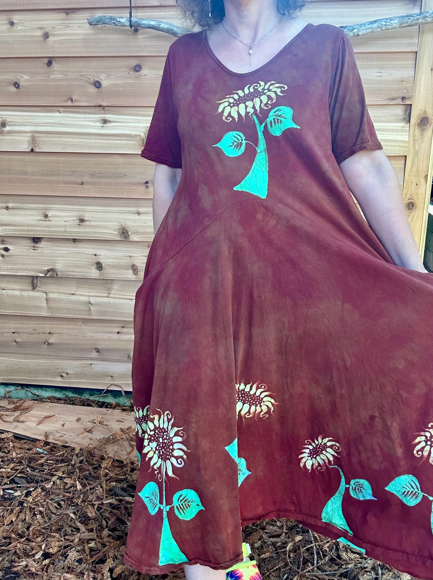 Red Sunflower Batik Dress With Pockets - Size Large Batik Dresses Batikwalla