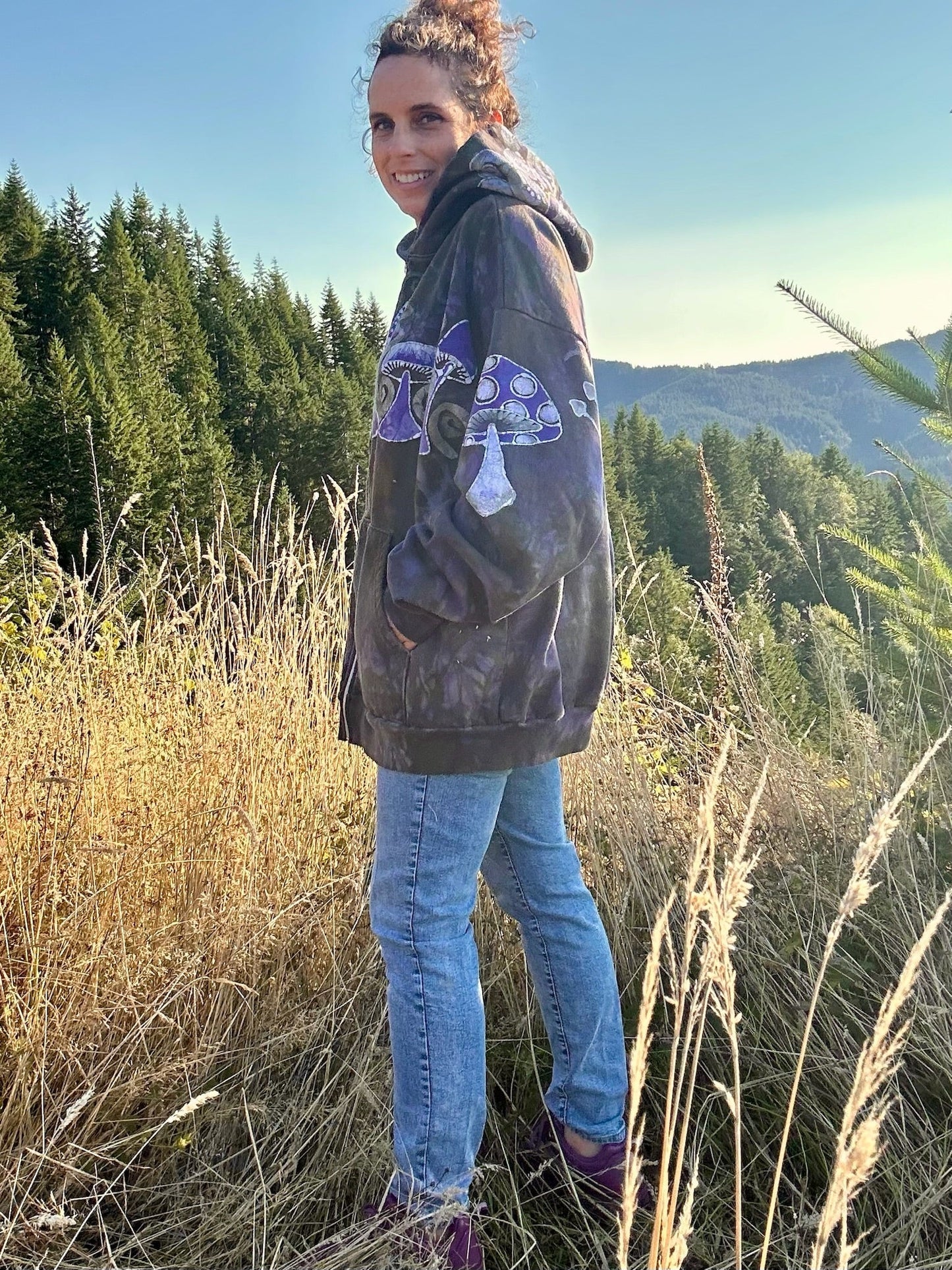 Purple Woodland Mushroom Hunter Handmade Batik Hoodie - 2X Unisex hoodie batikwalla