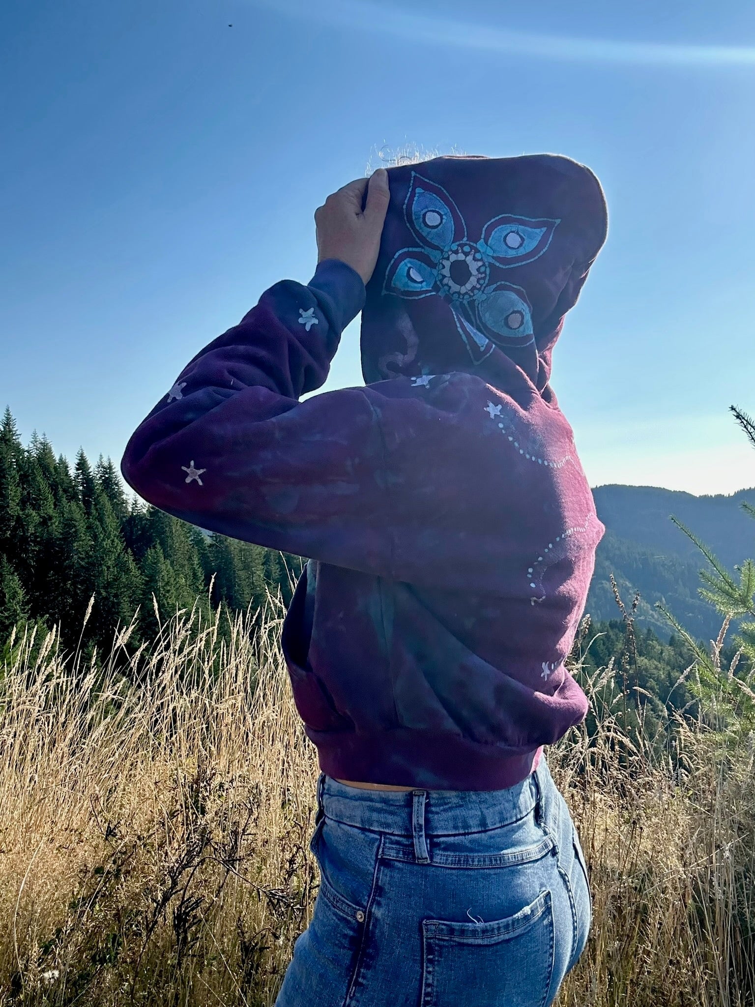 Pacific Bliss Lotus Flower Handmade Batik Hoodie - Turquoise Waves - S/M ONLY hoodie batikwalla