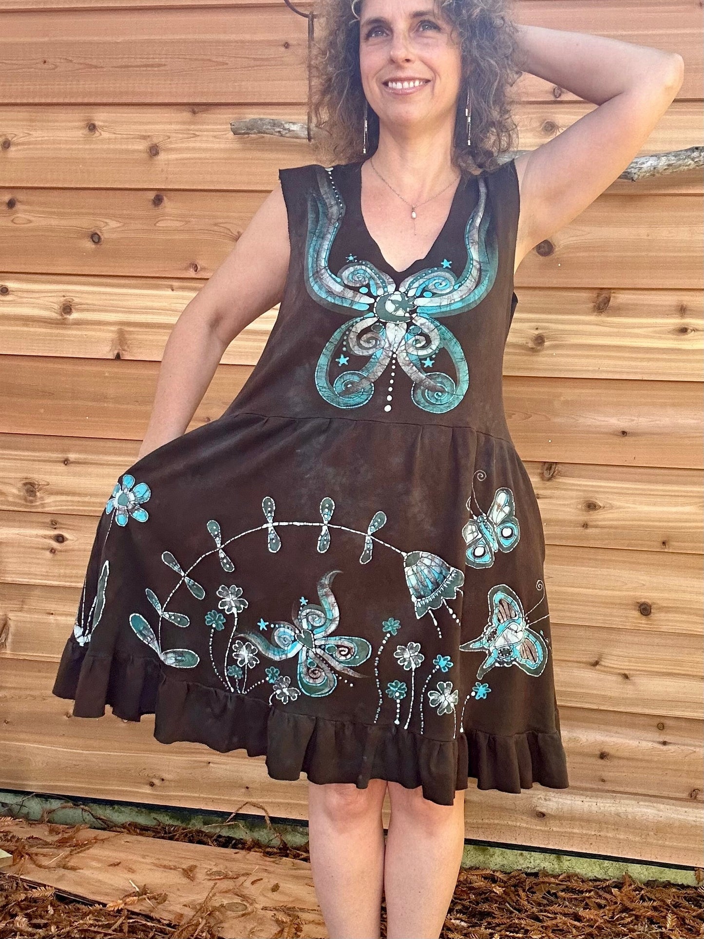 Brown Butterfly Batik Dress With Pockets - Size Large Batik Dresses Batikwalla