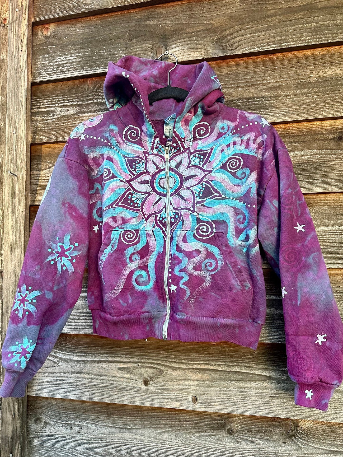 Pacific Bliss Lotus Flower Handmade Batik Hoodie with Turquoise Waves hoodie batikwalla L/XL