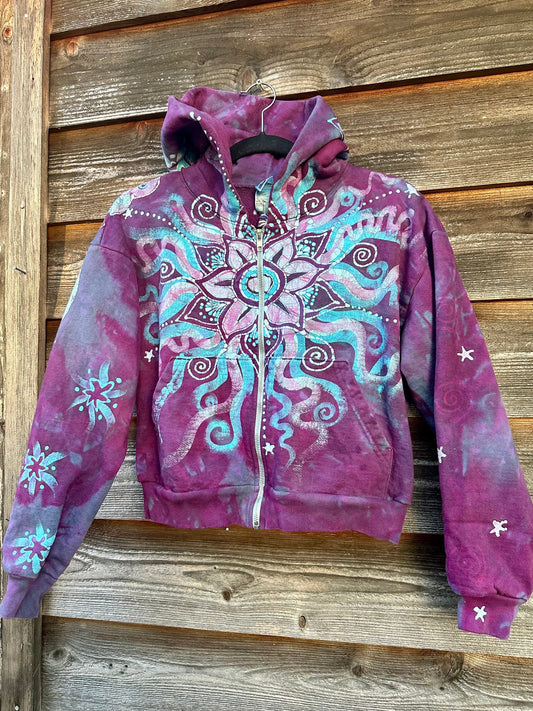 Pacific Bliss Lotus Flower Handmade Batik Hoodie with Turquoise Waves hoodie batikwalla L/XL