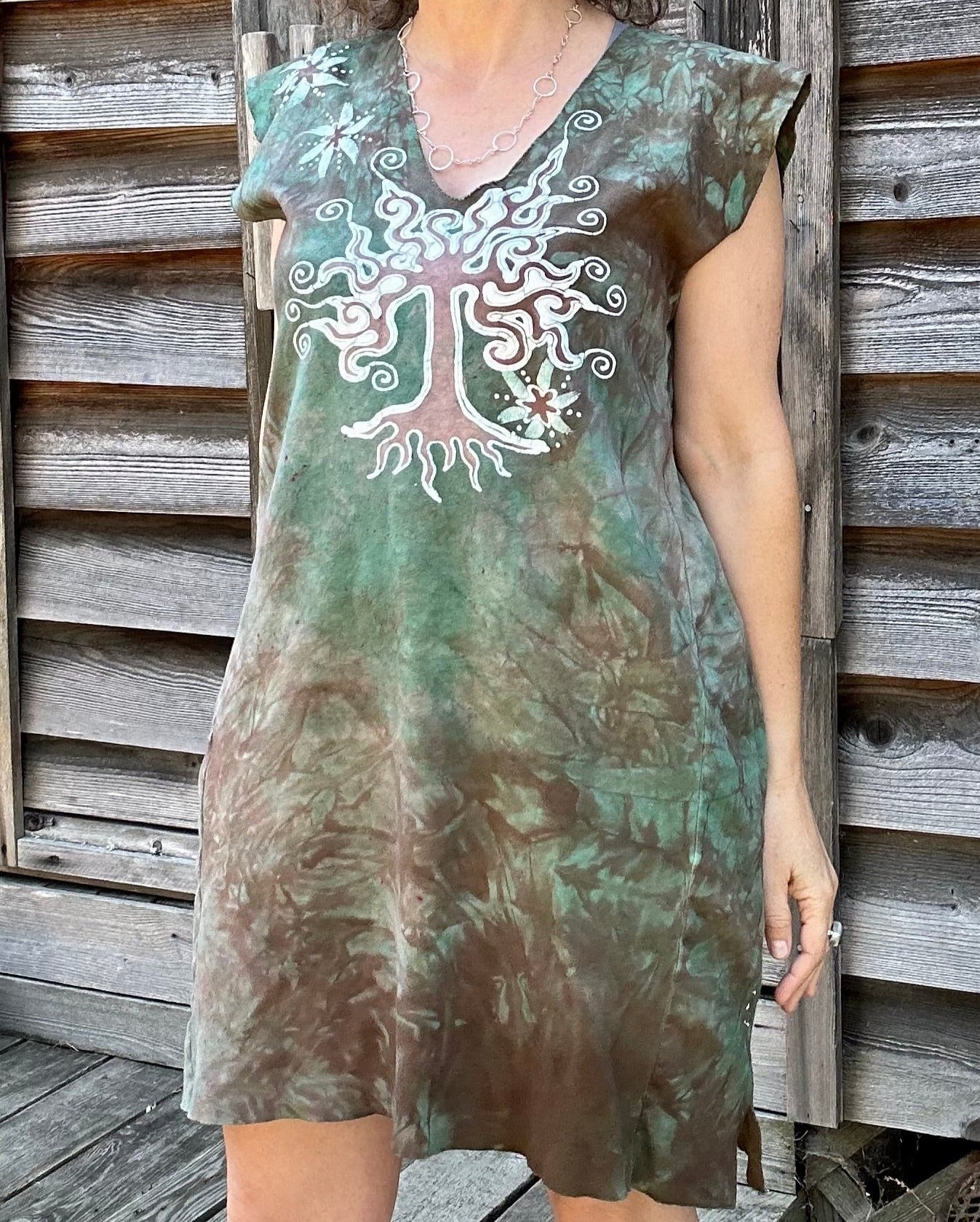 Daytime Woods Organic Cotton Batik Dress Tunic Top - size Large Batik Dresses Batikwalla