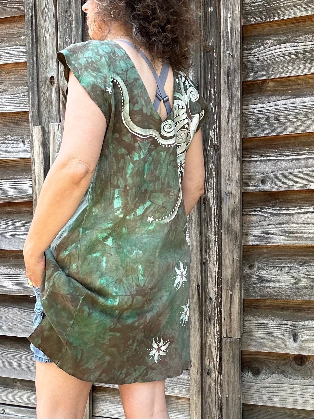 Daytime Woods Organic Cotton Batik Dress Tunic Top - size Large Batik Dresses Batikwalla