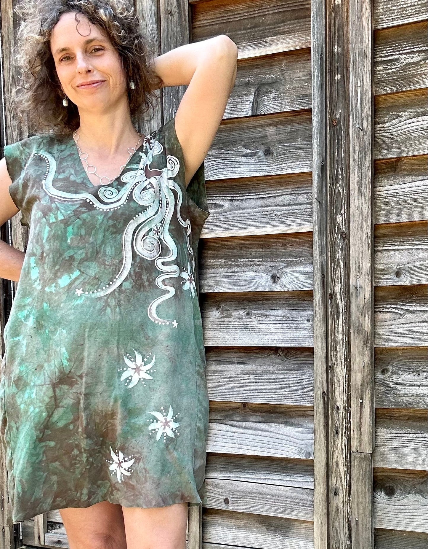 Daytime Woods Organic Cotton Batik Dress Tunic Top - size Large Batik Dresses Batikwalla