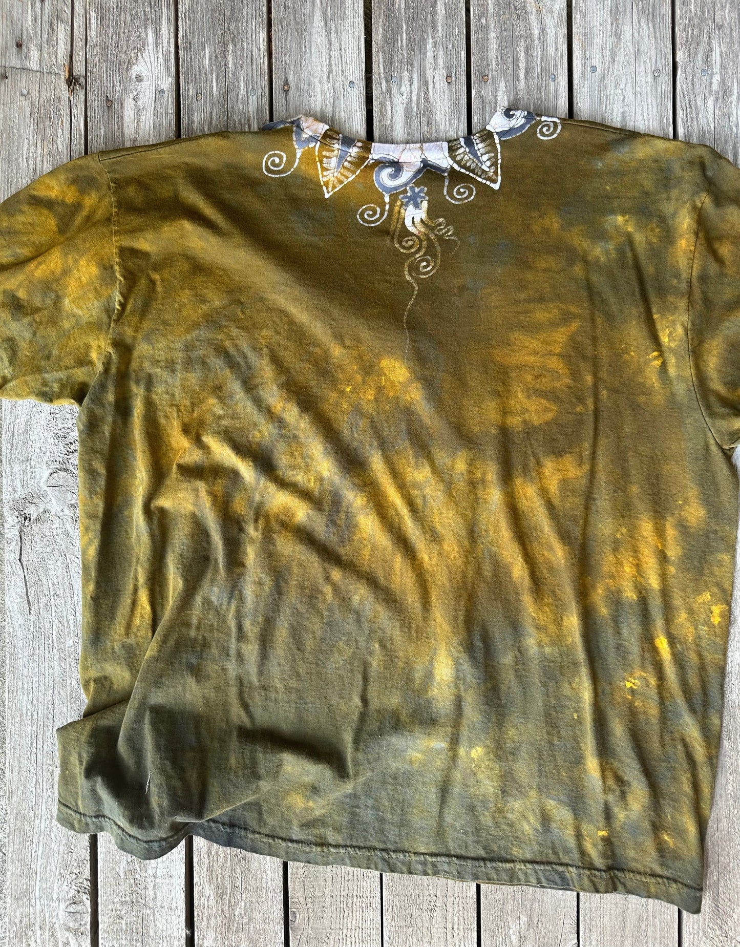 Golden Leaves & Moonlight – Handmade Batik V-Neck T-Shirt in Ochre Steel (2X Only) Batikwalla by Victoria