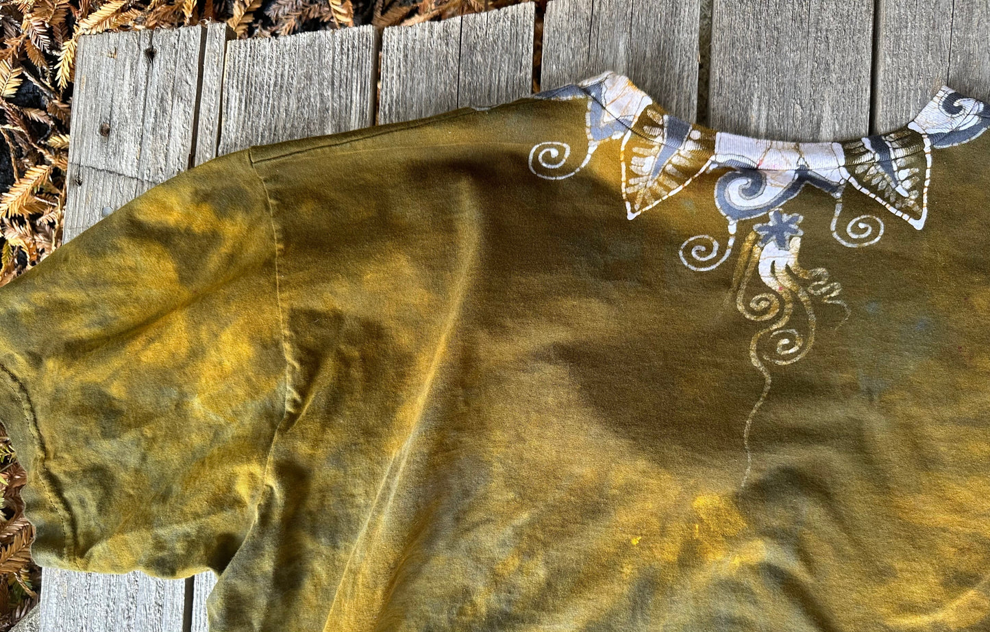 Golden Leaves & Moonlight – Handmade Batik V-Neck T-Shirt in Ochre Steel (2X Only) Batikwalla by Victoria