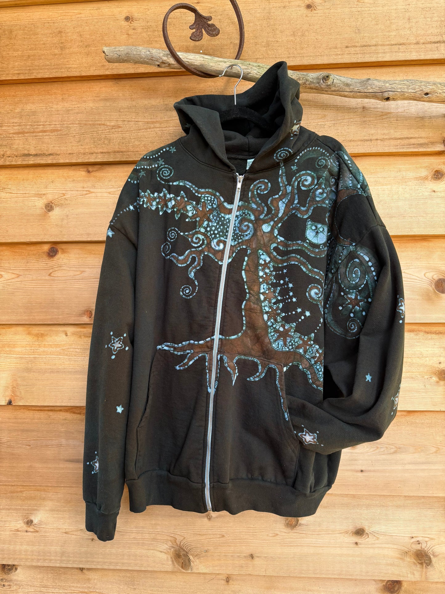 Forest Owl Tree of Life – Handcrafted Batik Zipper Hoodie - Size 2X hoodie batikwalla