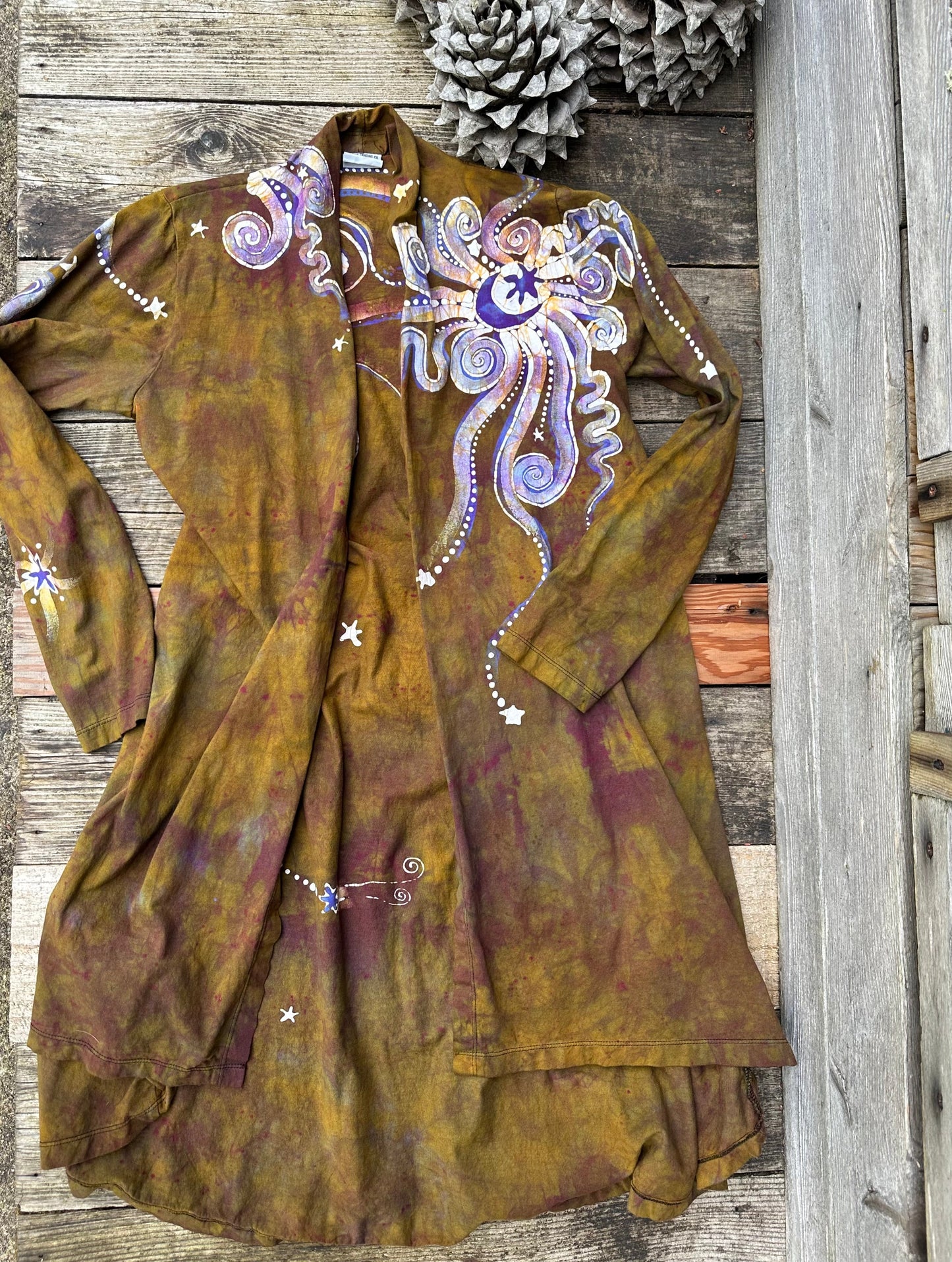 Dark Gold and Purple Moonbeams Draping Cardigan Jacket Apparel & Accessories Batikwalla by Victoria