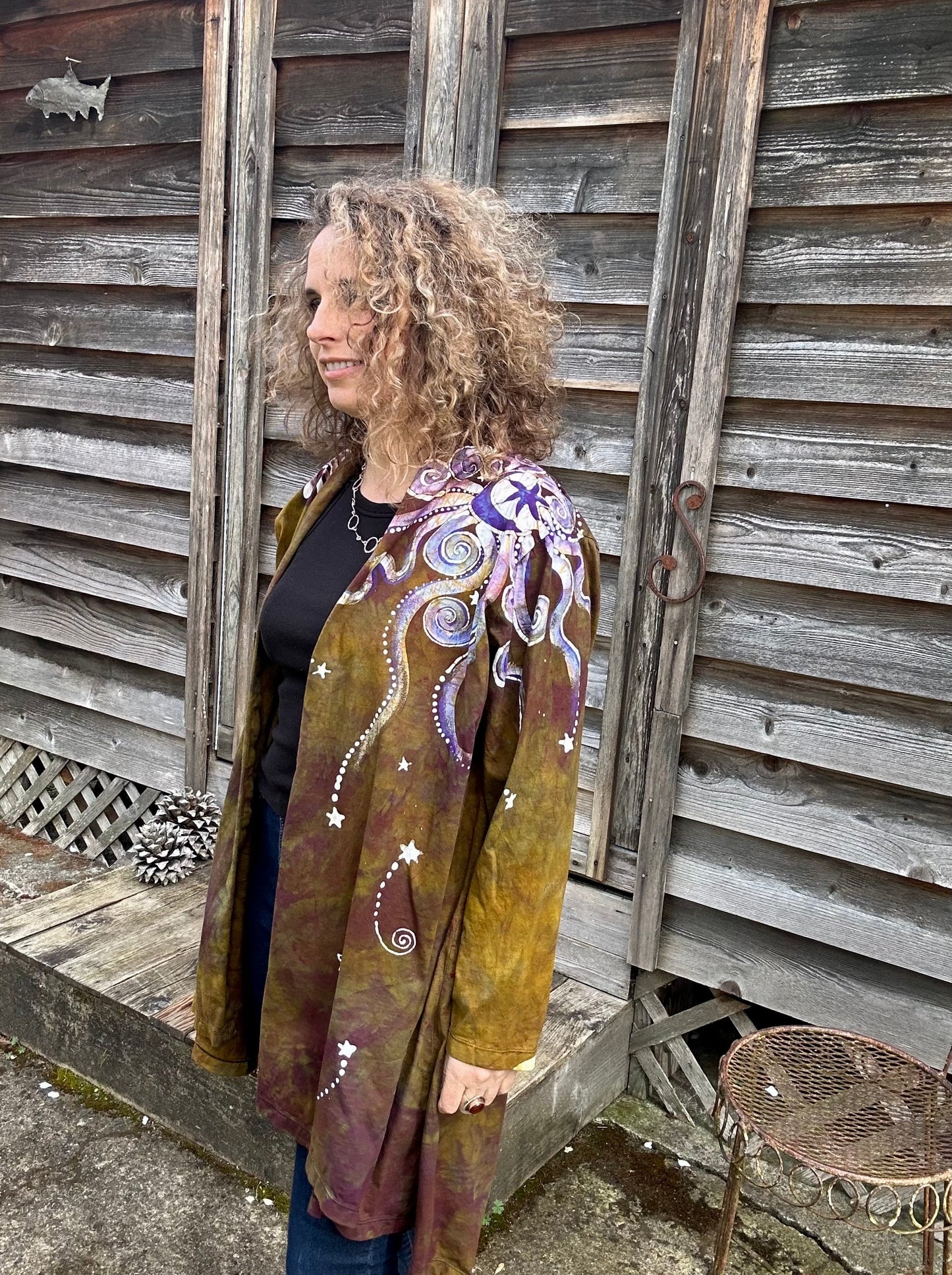 Dark Gold and Purple Moonbeams Draping Cardigan Jacket Apparel & Accessories Batikwalla by Victoria