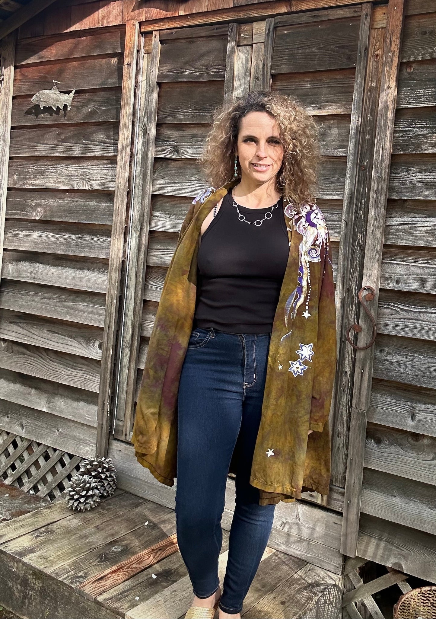 Dark Gold and Purple Moonbeams Draping Cardigan Jacket Apparel & Accessories Batikwalla by Victoria