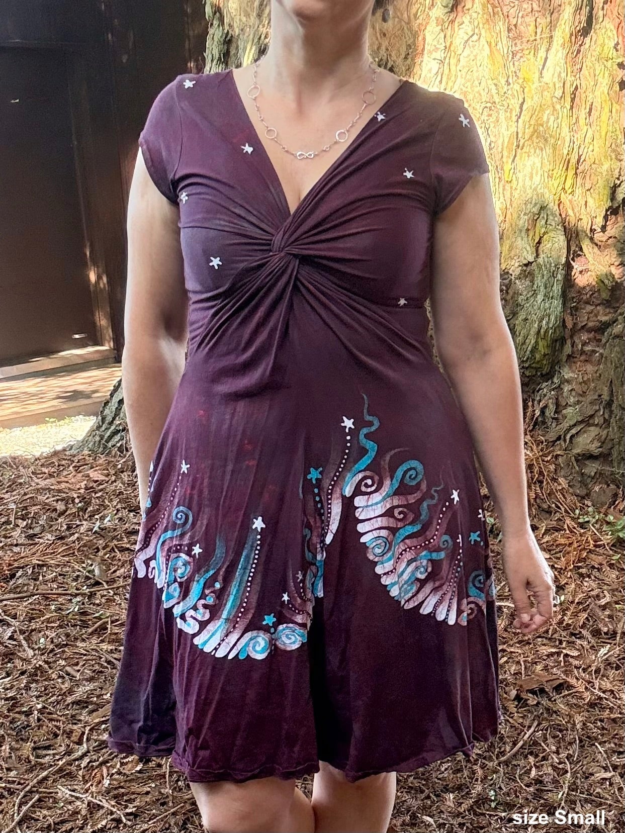 Starlit Currents Twist Front Tee Dress – Handmade Batik Artist Dress Small