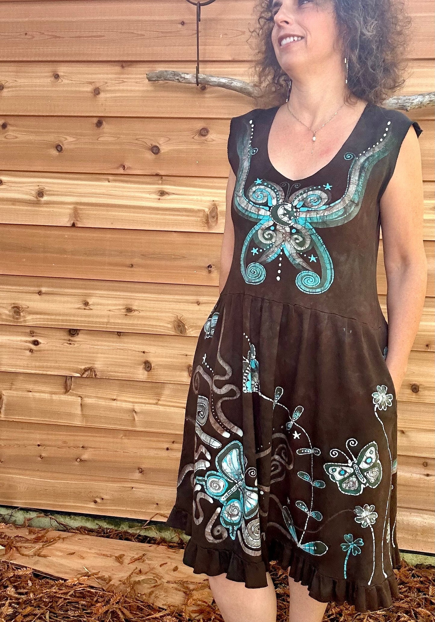 Butterfly & Dragonfly Batik Dress – Layered Earth Tones, Size Medium Batik Dresses Batikwalla
