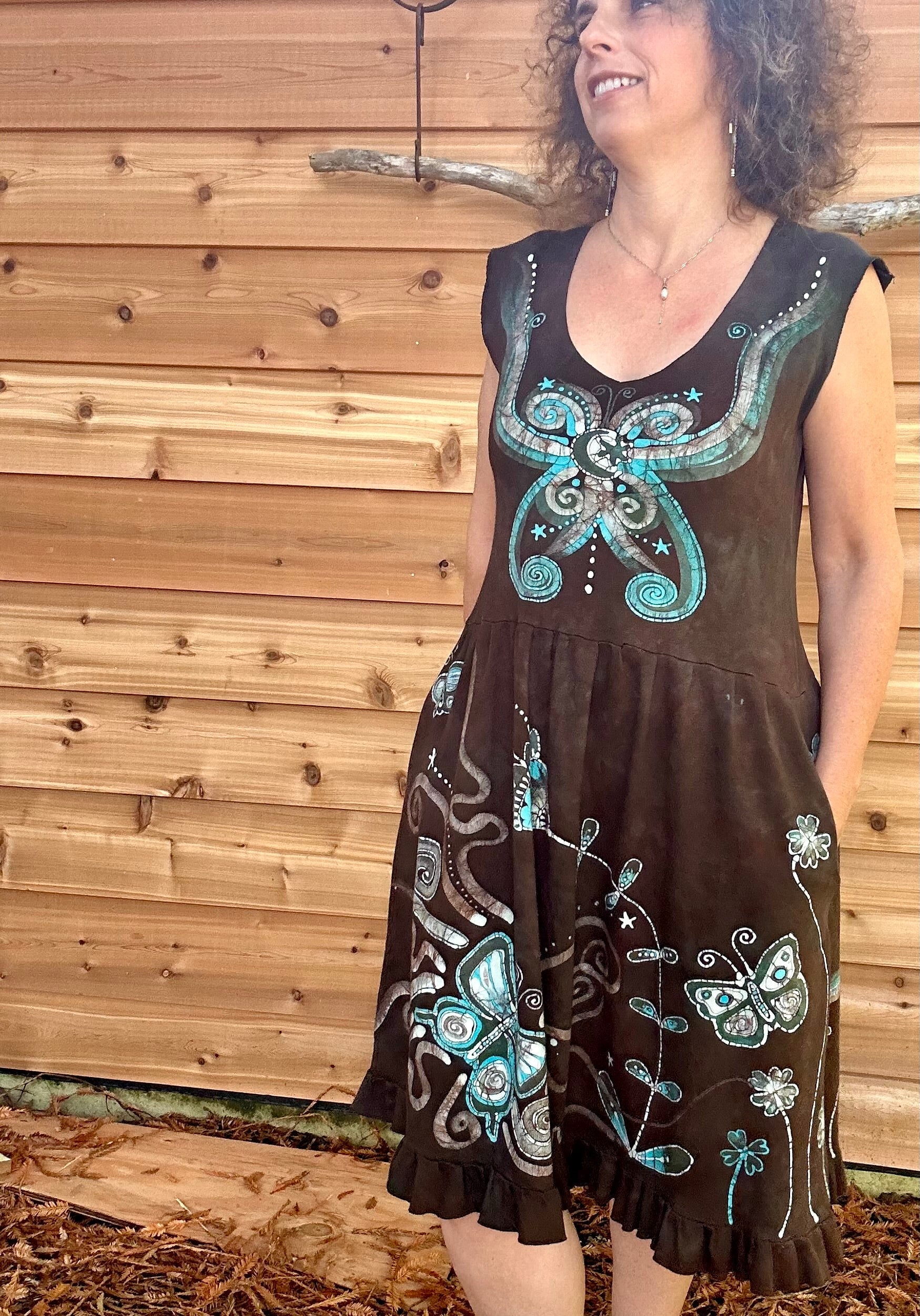 Butterfly & Dragonfly Batik Dress – Layered Earth Tones, Size Medium Batik Dresses Batikwalla