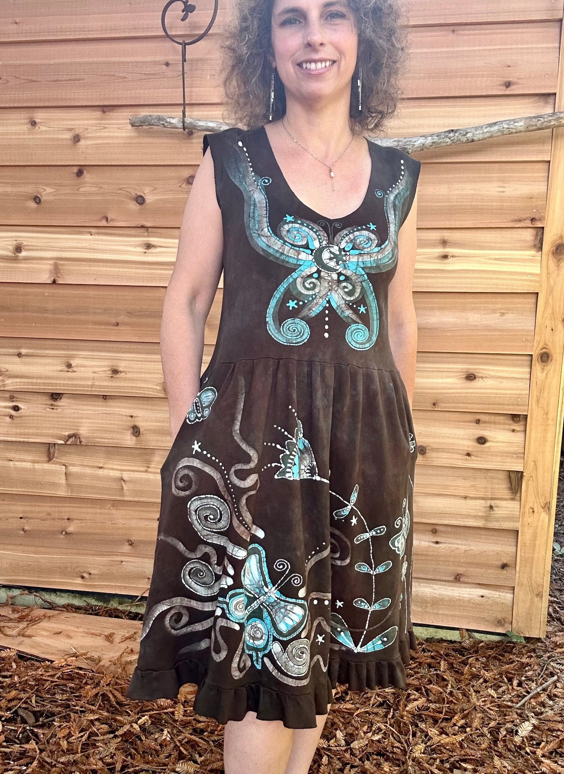 Butterfly & Dragonfly Batik Dress – Layered Earth Tones, Size Medium Batik Dresses Batikwalla