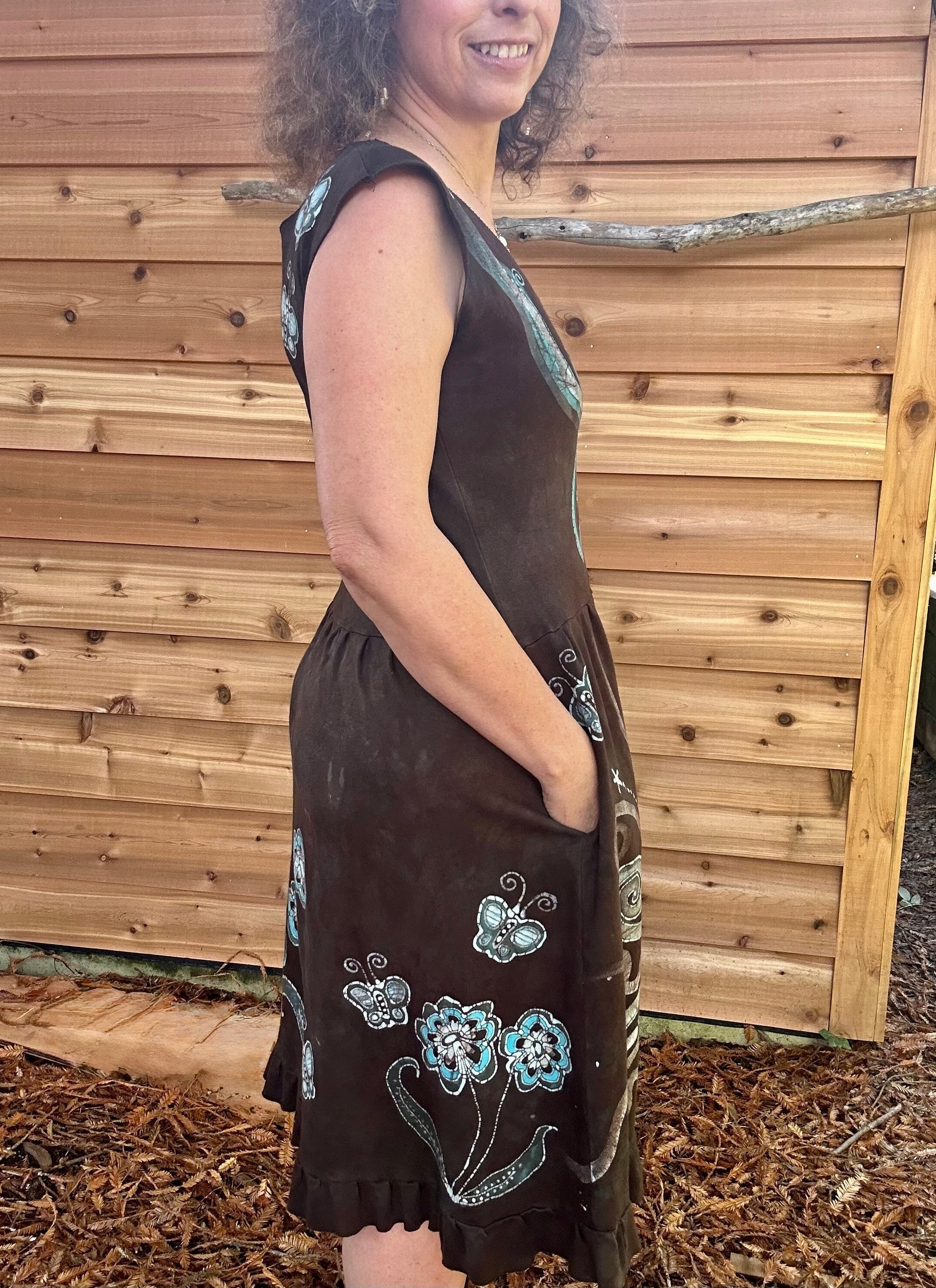 Butterfly & Dragonfly Batik Dress – Earthy Tones, Size Large Batik Dresses Batikwalla