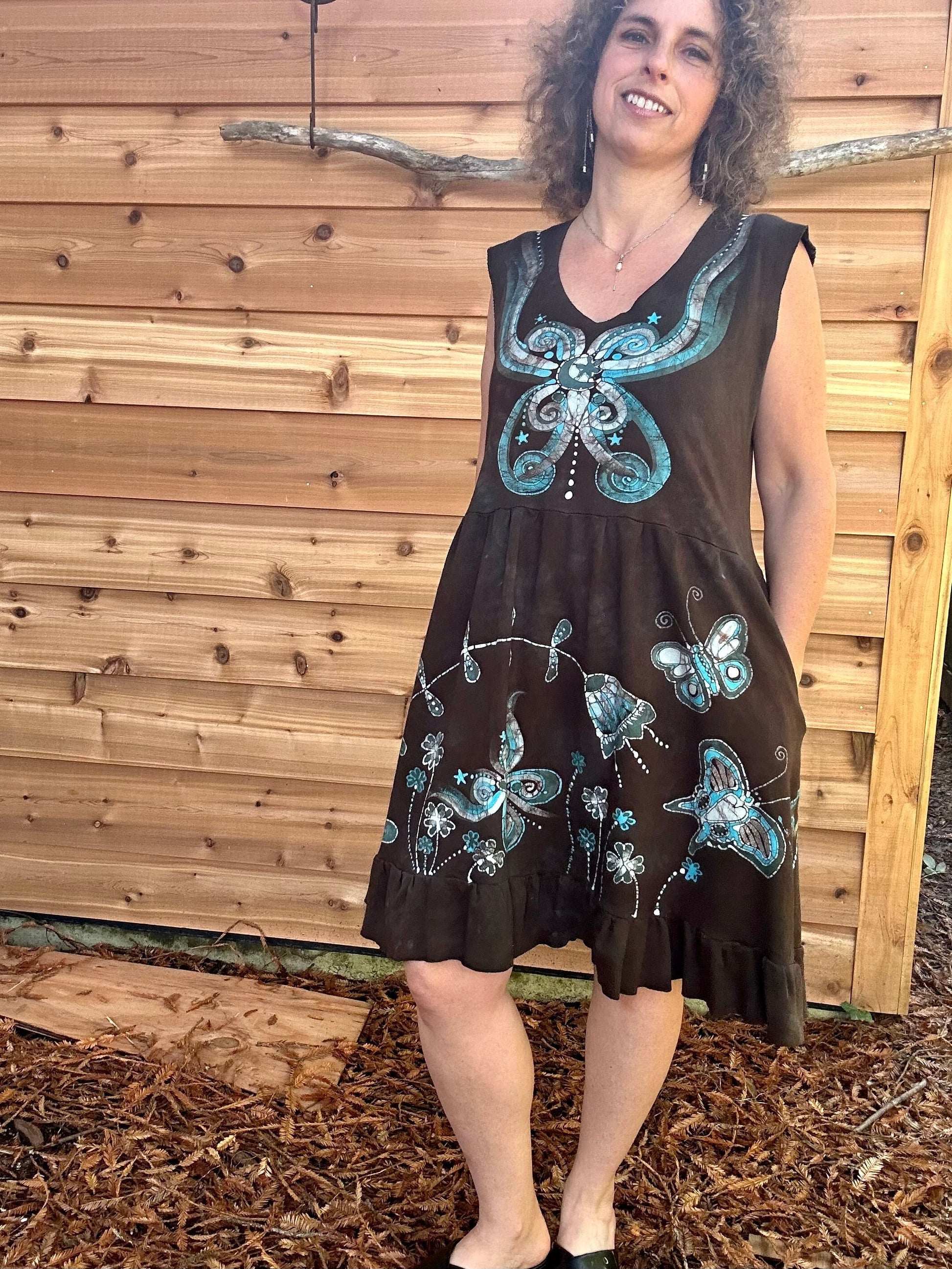 Butterfly & Dragonfly Batik Dress – Earthy Tones, Size Large Batik Dresses Batikwalla