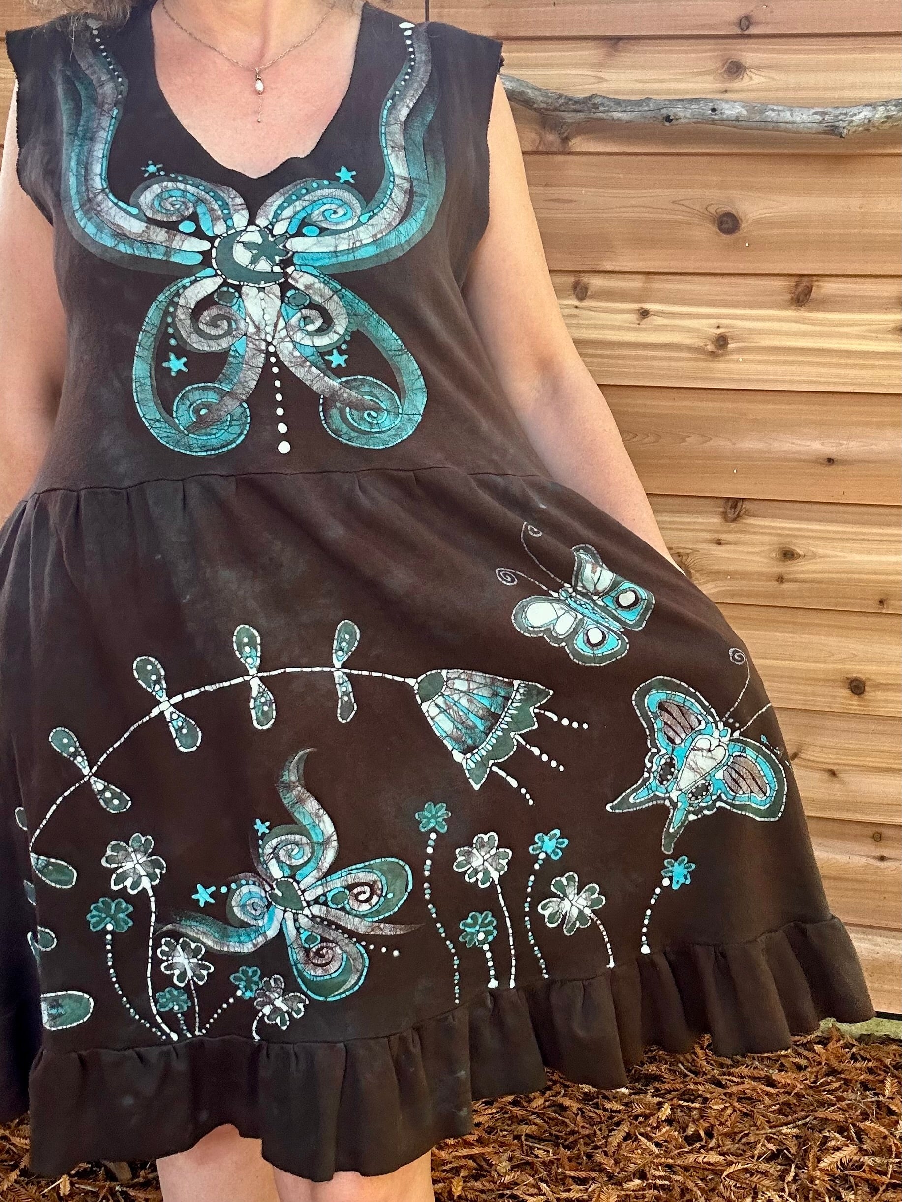Butterfly & Dragonfly Batik Dress – Earthy Tones, Size Large Batik Dresses Batikwalla