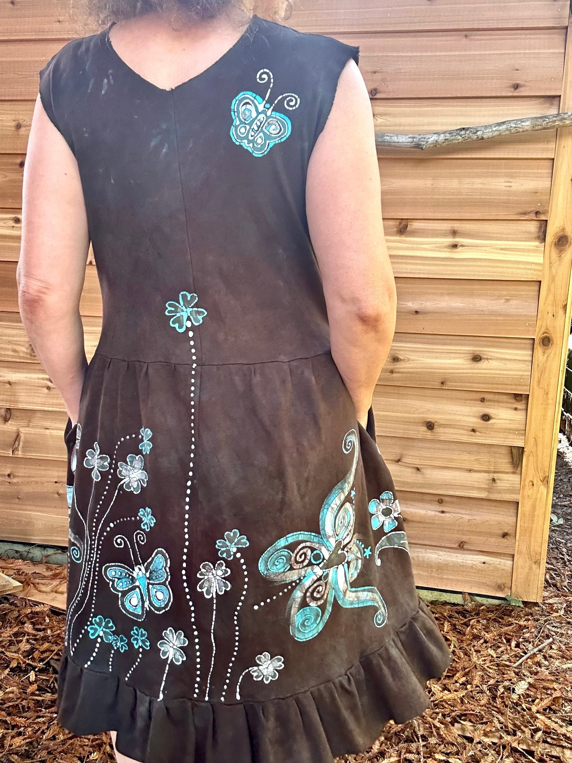 Butterfly & Dragonfly Batik Dress – Earthy Tones, Size Large Batik Dresses Batikwalla
