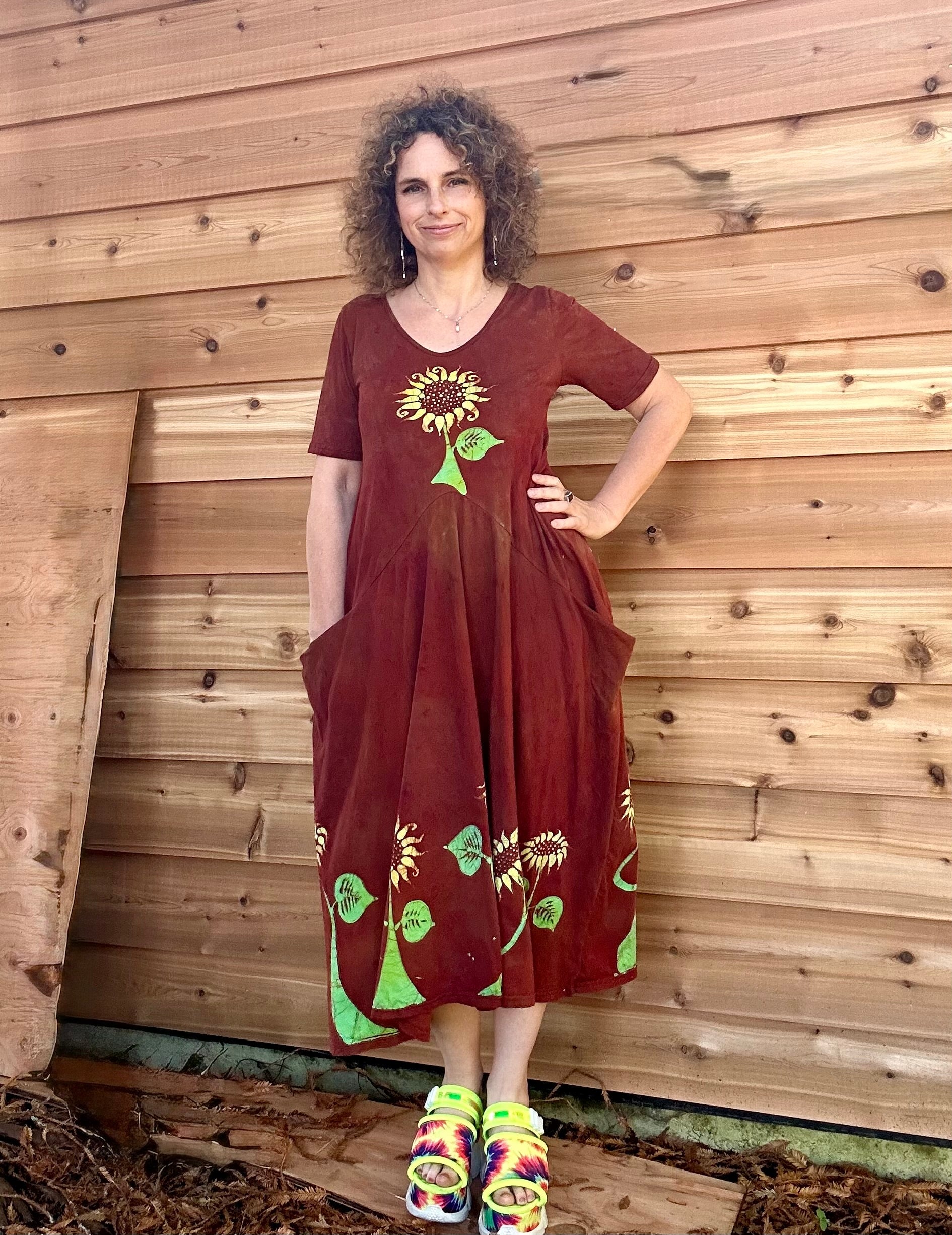 Red Sunflower Batik Dress With Pockets - Size Small Batik Dresses Batikwalla