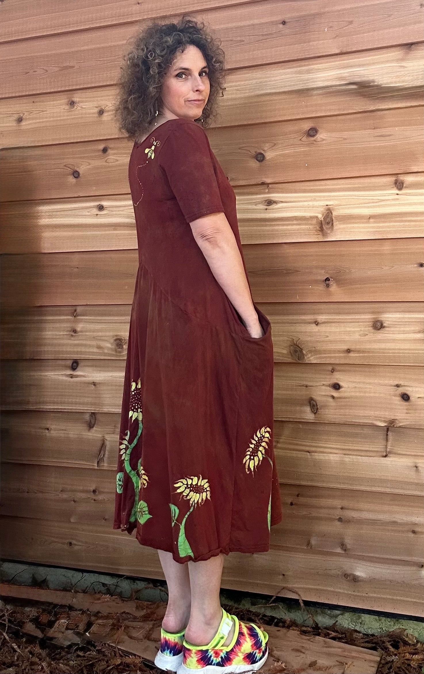 Red Sunflower Batik Dress With Pockets - Size Small Batik Dresses Batikwalla