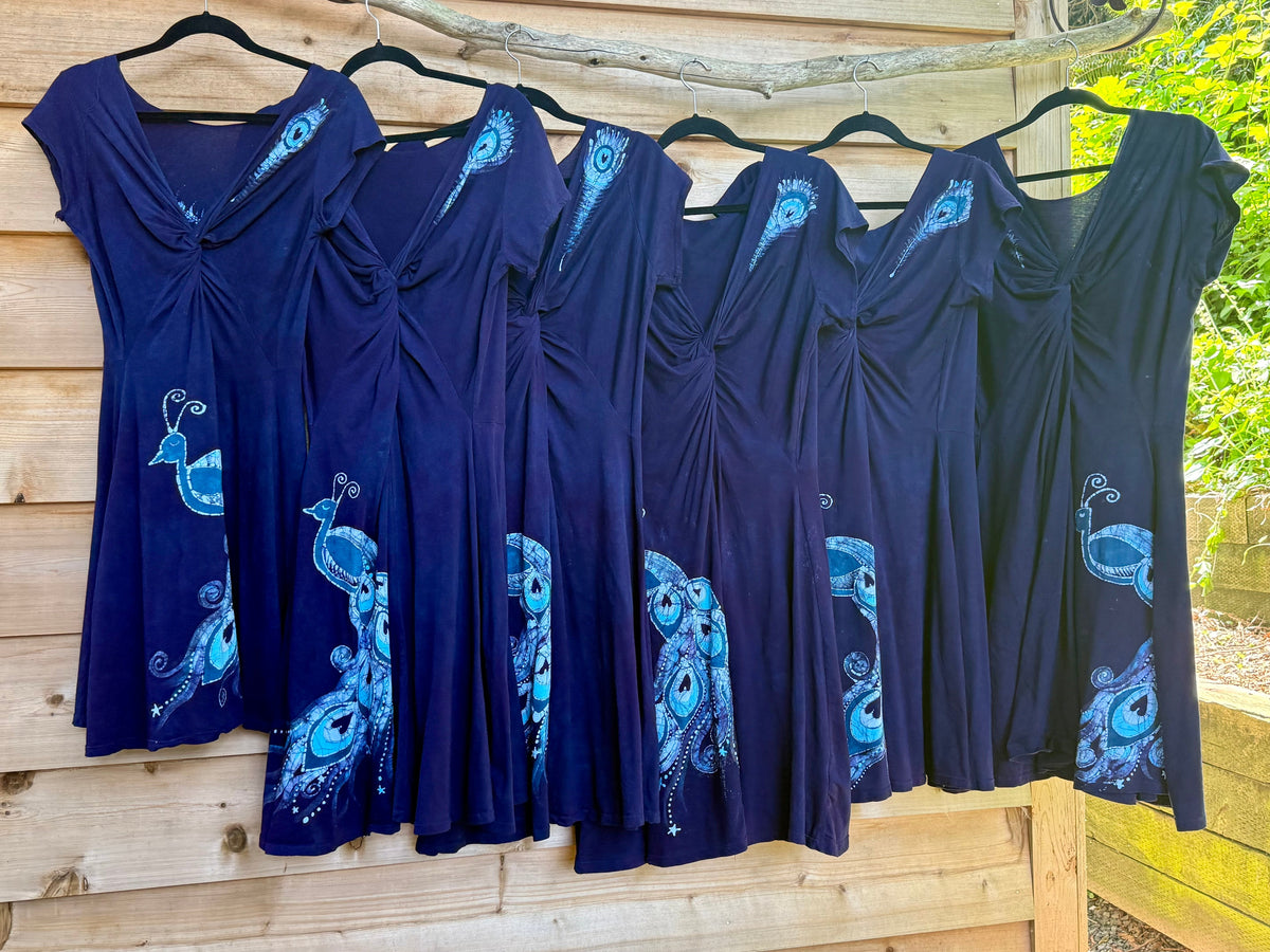 Peacock Twist Front Tee Dress in Dark Blue – Handmade Batik Artist Dress Batikwalla by Victoria