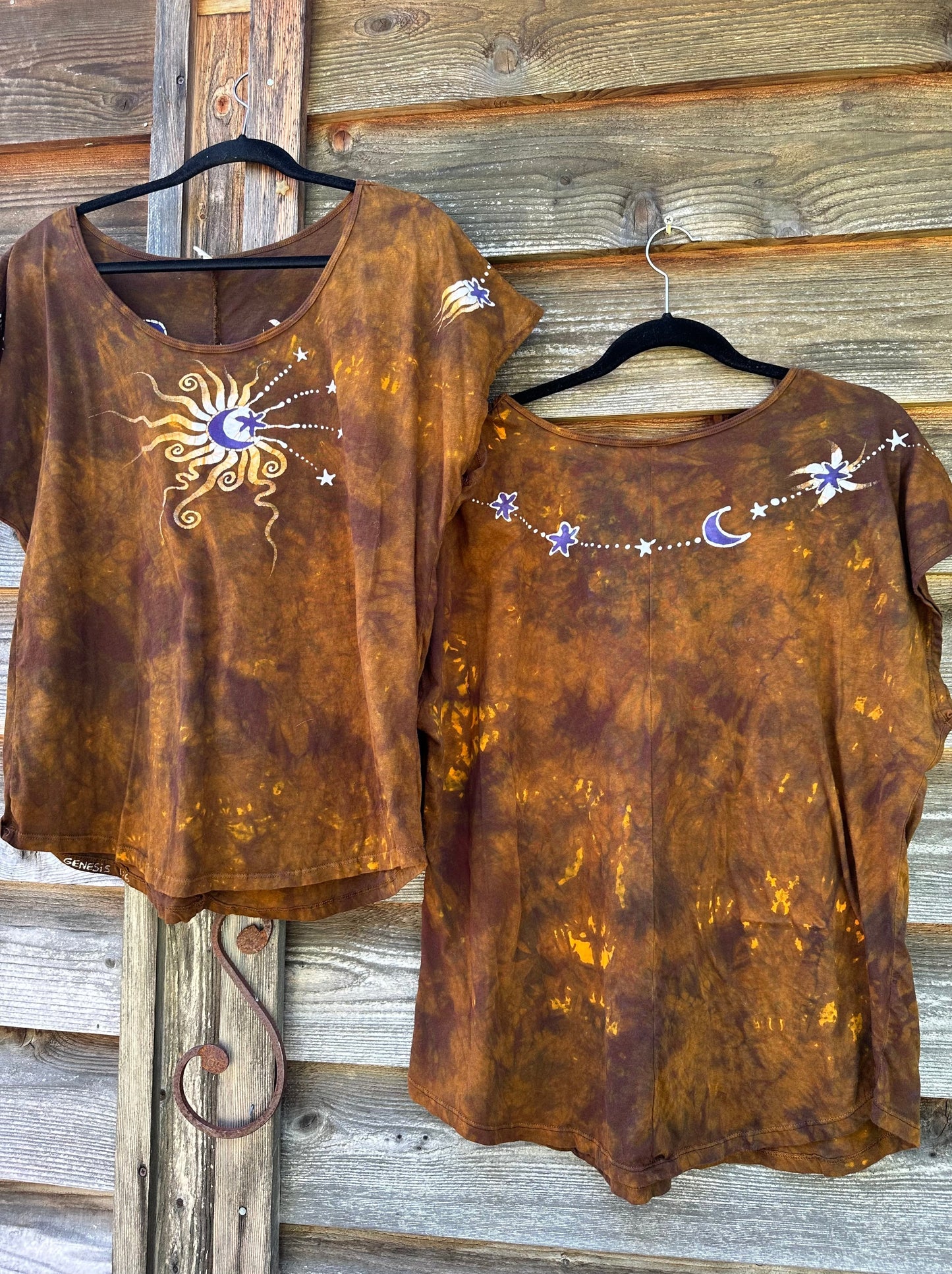 Dark Gold and Purple Moonbeams Handmade Batik Scoop Neck Top Tops batikwalla
