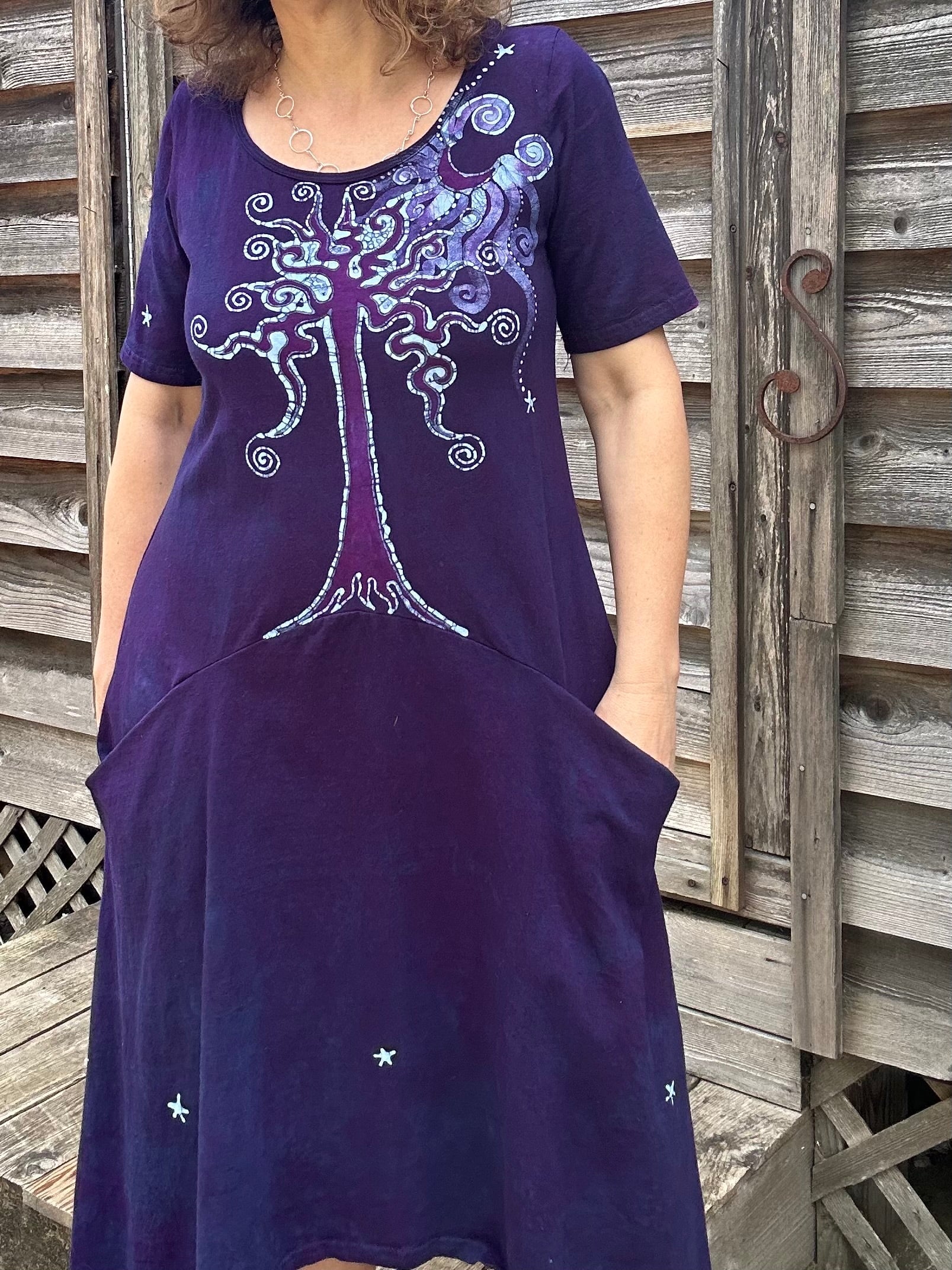 Dark Blue Long Tree Short Sleeve Batik Dress With Pockets Batik Dresses Batikwalla Medium