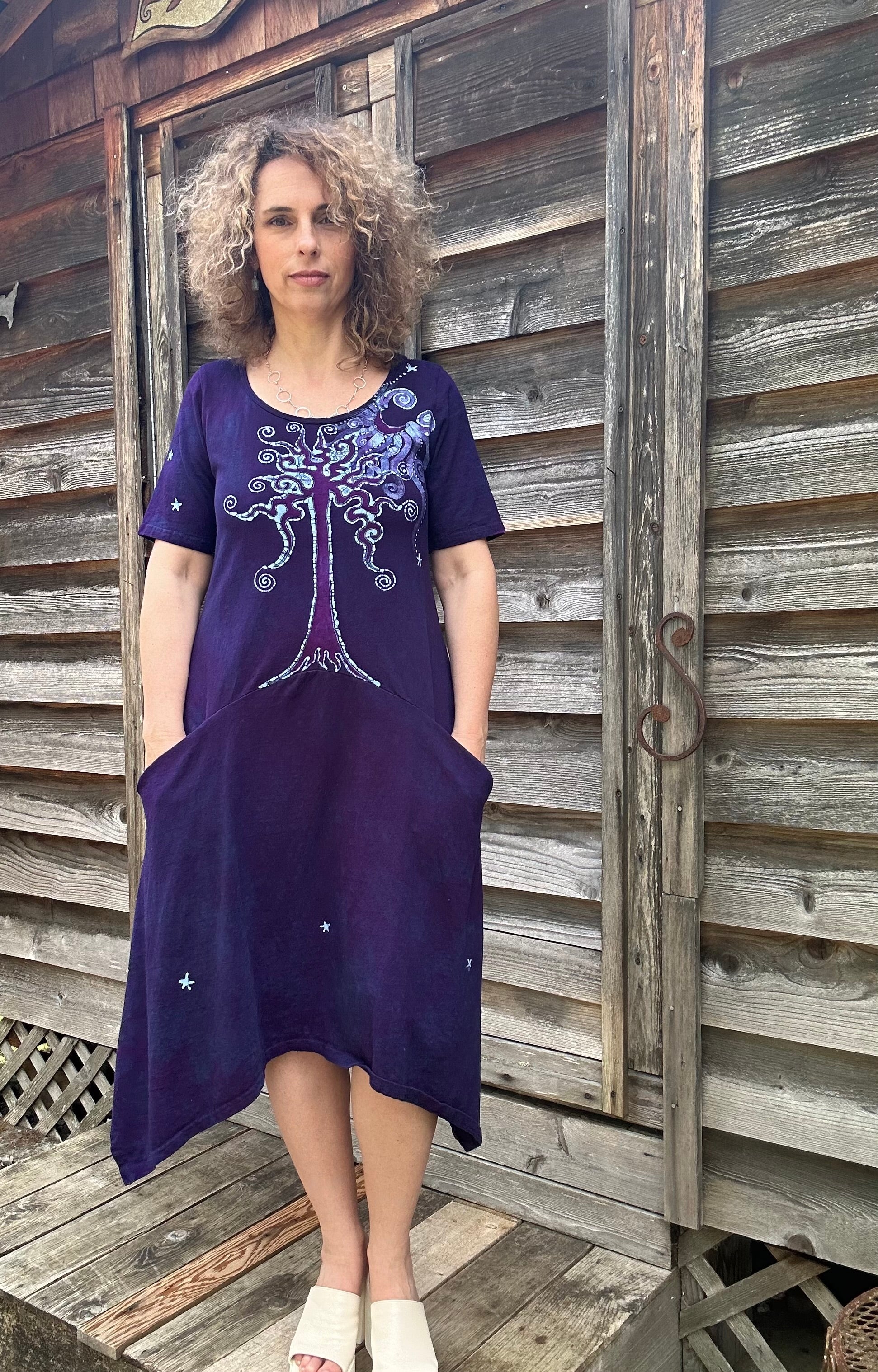 Dark Blue Long Tree Short Sleeve Batik Dress With Pockets Batik Dresses Batikwalla