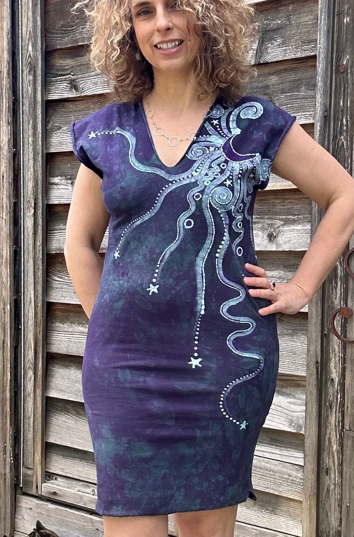 Teal Stars and Purple Moon Stretchy Hemp Tube Dress Batik Dresses Batikwalla