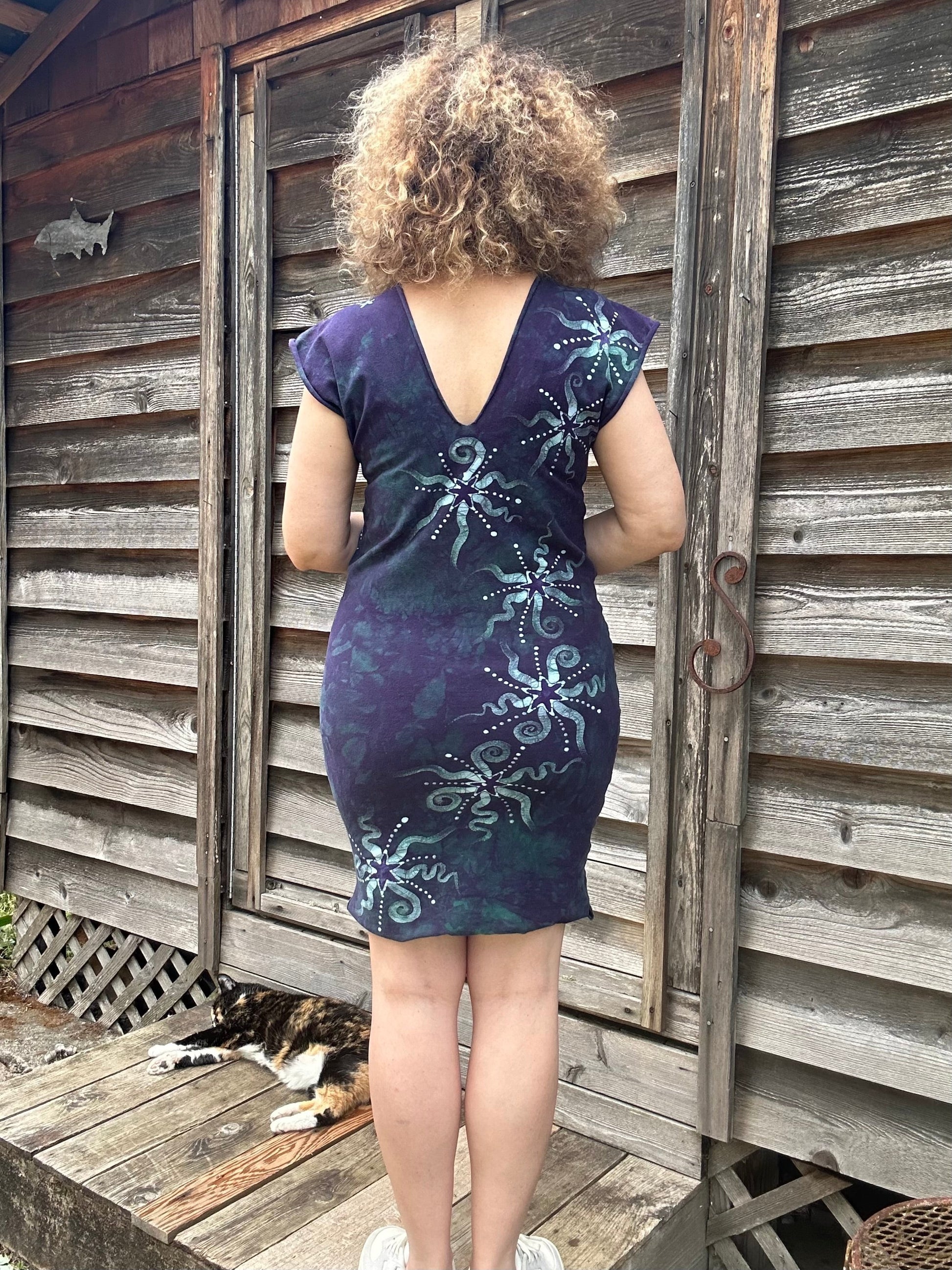 Teal Stars and Purple Moon Stretchy Hemp Tube Dress Batik Dresses Batikwalla